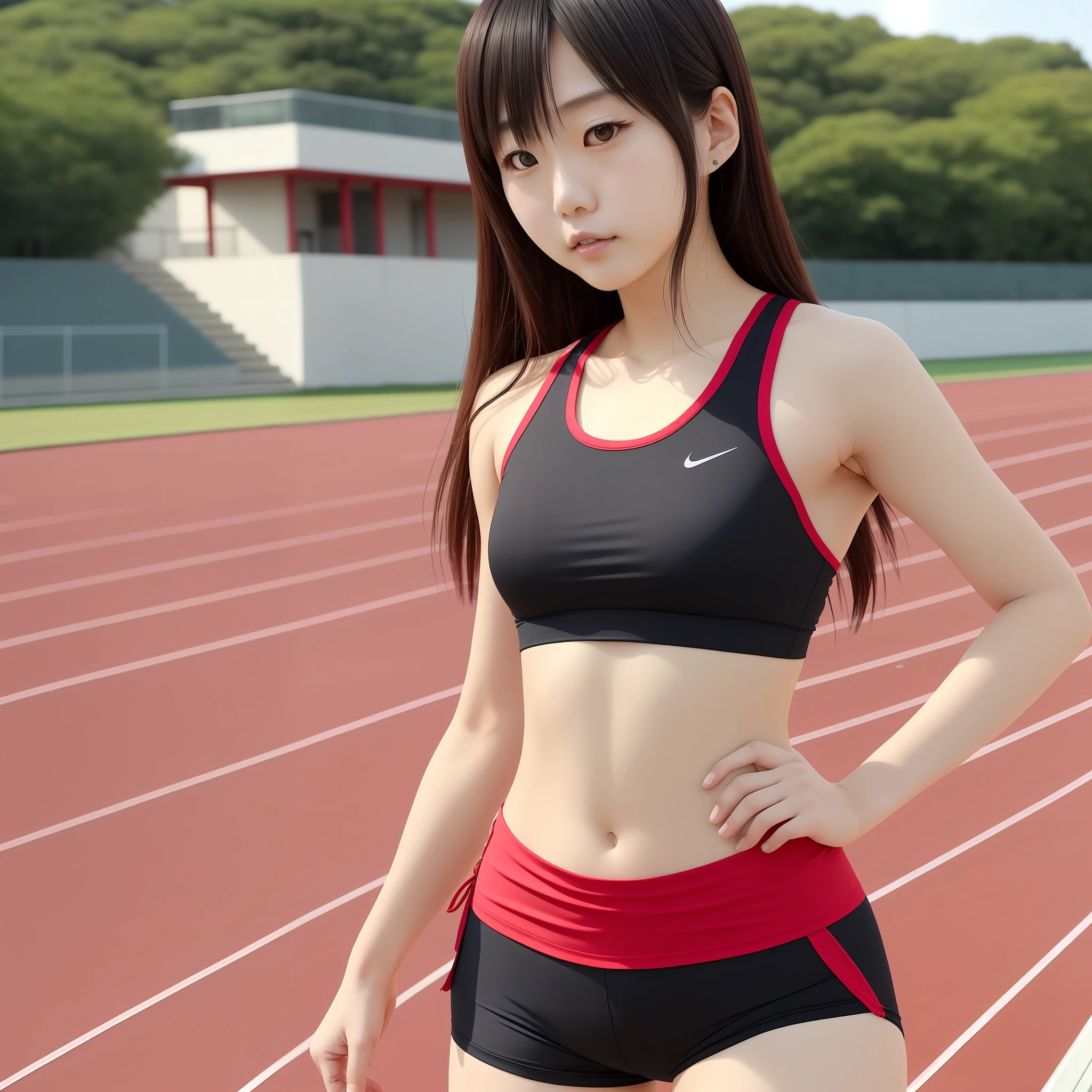 The scene is an empty track and field stadium in the early morning、1 naïve one 8 years old、Japan College Girl、track & Field Club Practice、Athletics field、1man、Doing stretching exercises、Red bra top(Landless)、Wearing red running shorts、 独奏(akiko takase、Kazue Kato、、Aya Takano、Etsuko Miura、town、tsugumi ohba、chiho、Rinko Kawaichi、Takeyuki Kanda)、 Body shape is 158 cm tall、Weight 53kg、Bust 83cm(D Cup)、Waist 61cm、Hips 86cm、 Shoulder-length black hair、bangs、