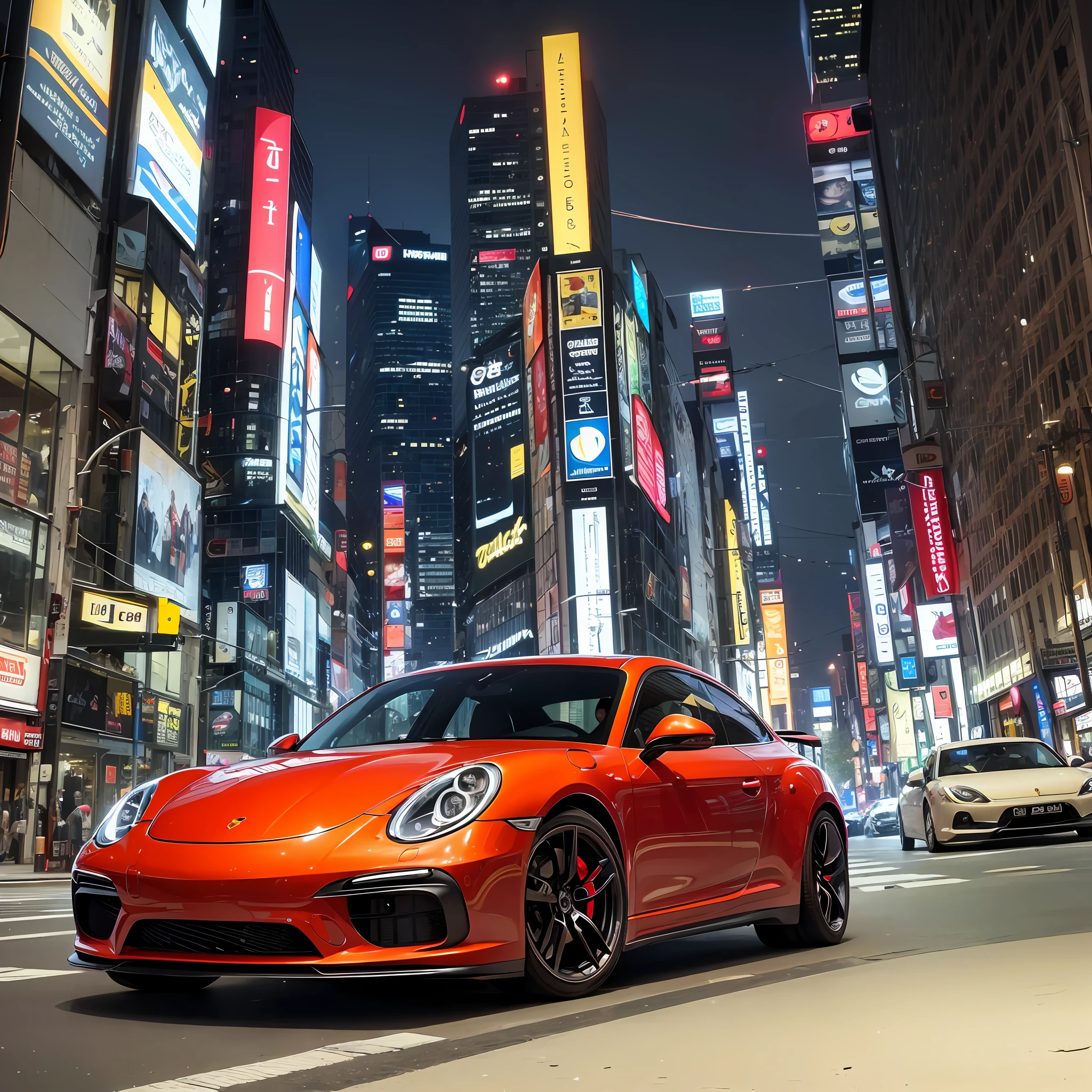 VMW car with a Porsche in competition road illuminated at midnight in the middle of the city, No more than two cars not duplicated high resolution