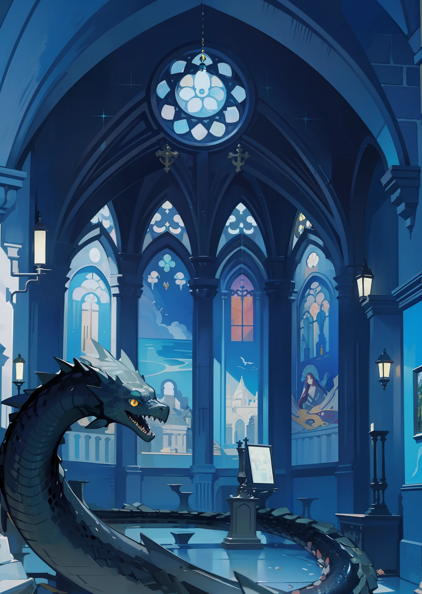 1monster, sea serpent. ancient chamber with ocean murals, stone ruins. elevated pathway, artwork that adorns the walls. cathedral windows. (Masterpiece: 1.2) (Best quality: 1.3)