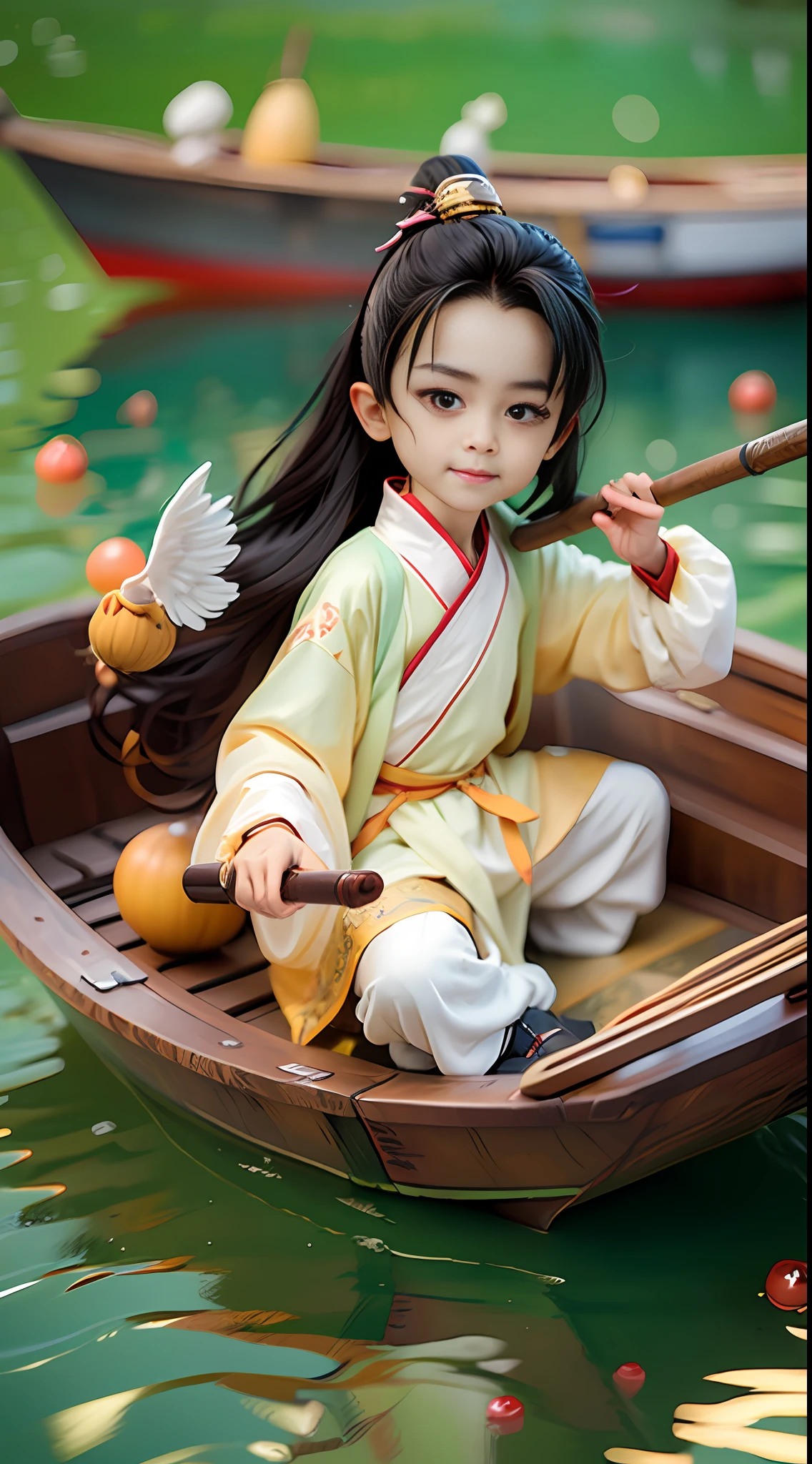 (Masterpiece),(Need),(Super meticulous),(Entire body:1.2),(A :Laugh,White Hanfu,with long black hair,Sit in a small boat,The boat is on the water),(backdrop:Castle peak:1.3,aqua:1.3),Chibi T-Shi