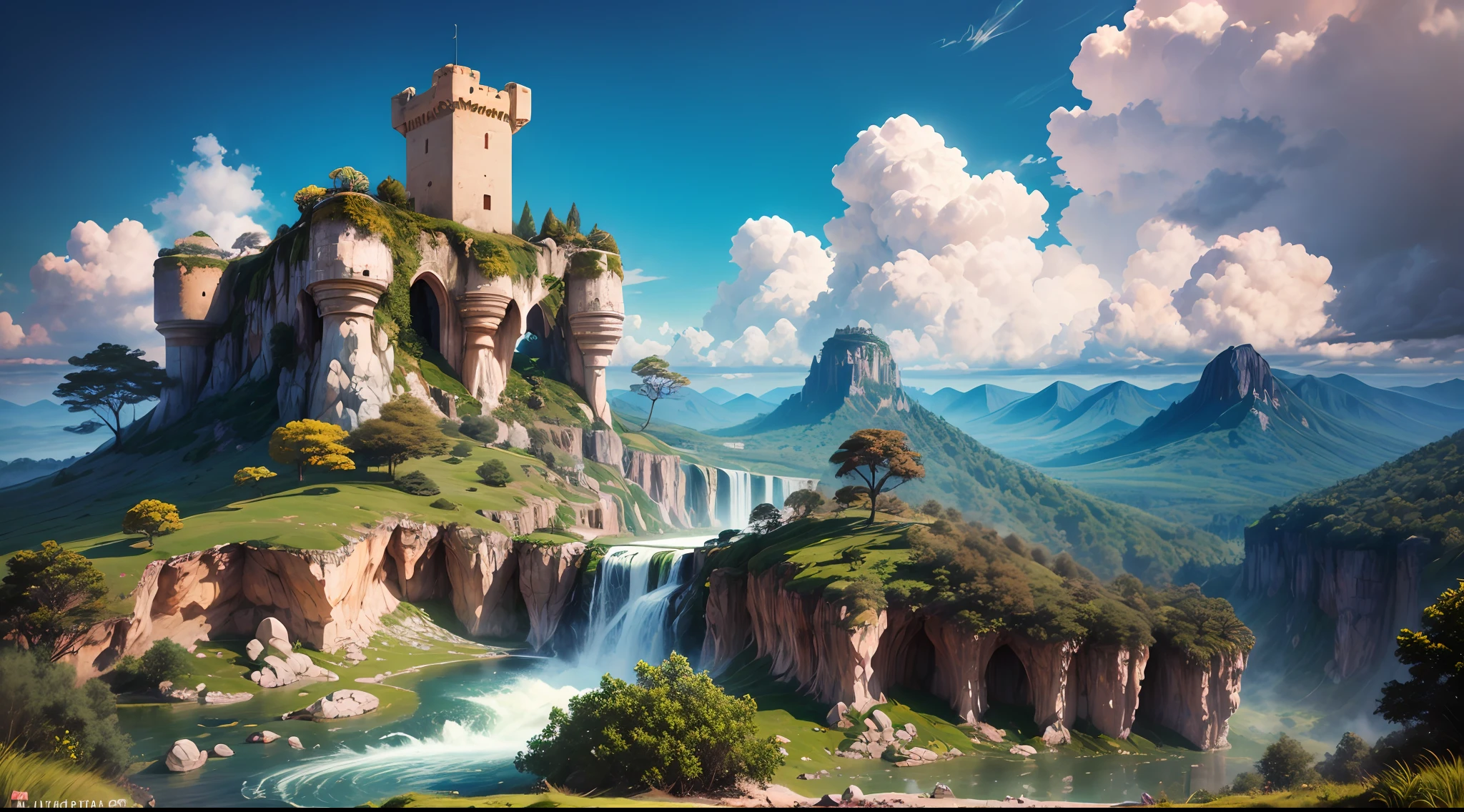 castelo medieva ao lado de uma grande montanha, cachoeira, vale de fantasia, pincelada impressionista, cores suaves, dia, blue sky, nuvens, arte digital altamente detalhada em 4k