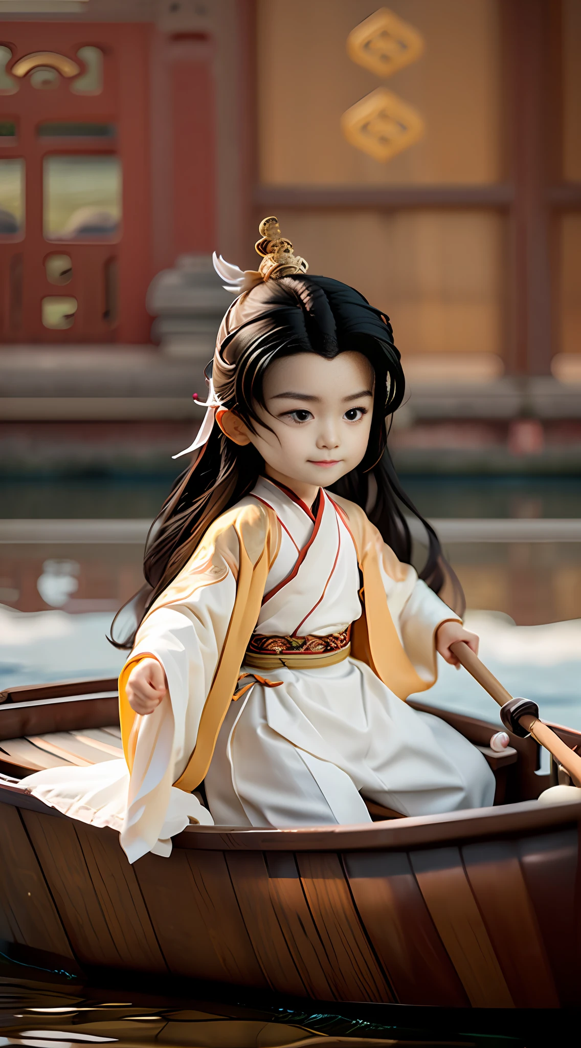 (Masterpiece),(Need),(Super meticulous),(Entire body:1.2),(A :Laugh,White Hanfu,with long black hair,Sit in a small boat,The boat is on the water,Mountain)Chibi T-Shi