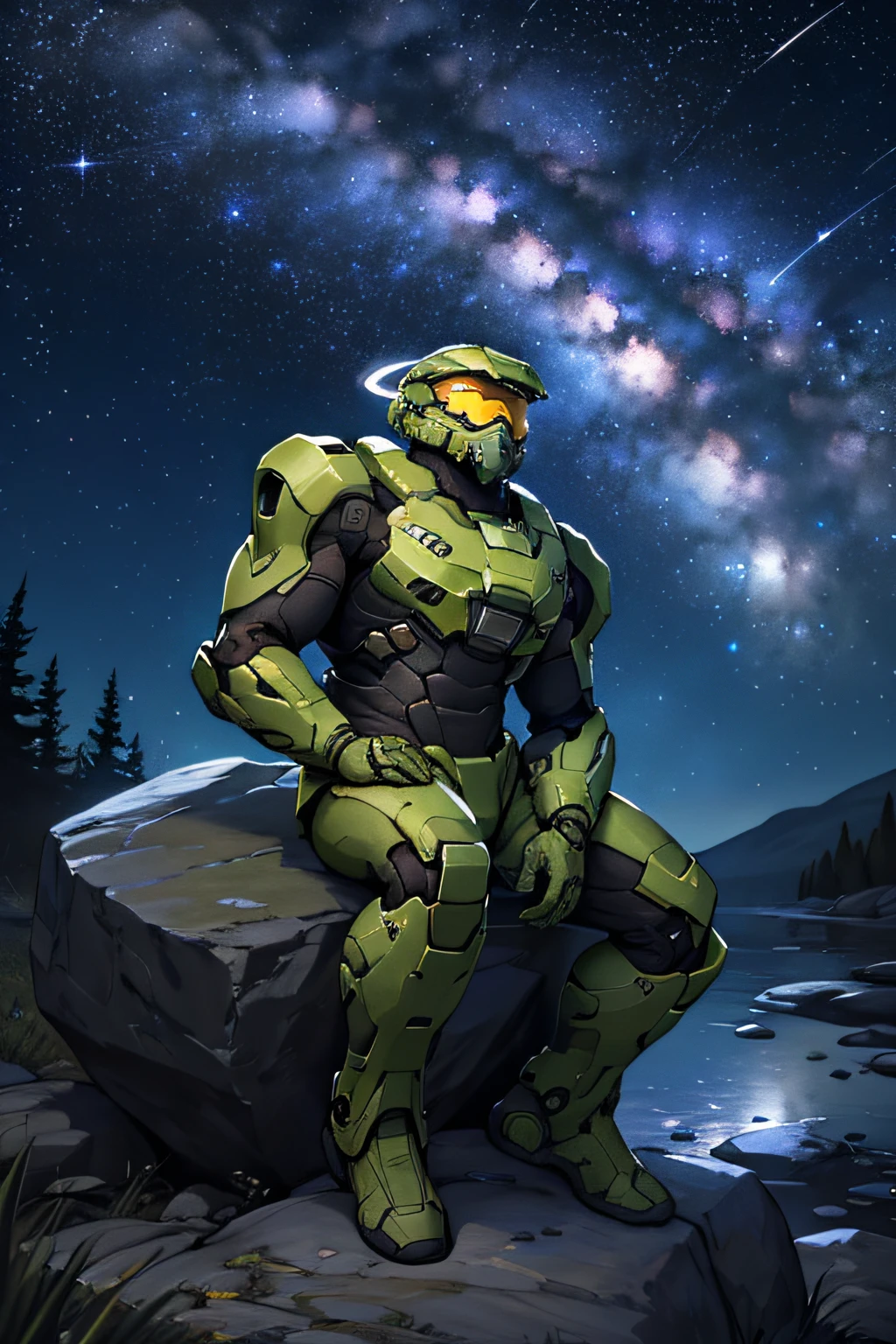 Master Chief from Halo sitting on a rock looking at the stars, starry night, beautifull sky