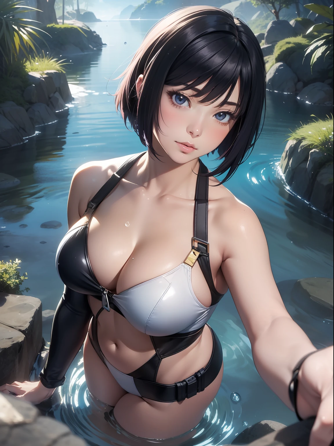 Arti modern anime. Birds eye view, A stunningly beautiful Motoko Kusanagi from the anime Ghost in the shell, D cup big bust, slim body. vixip, close-up face portrait, photorealistic. Blush, Water drop, rock, water reflection, stairs, trod. Hand drawing illustration, cinematic lighting, highly detailed. Perfect composition golden ratio, masterpiece, best quality, 4k, sharp focus. Better hand, perfect anatomy.