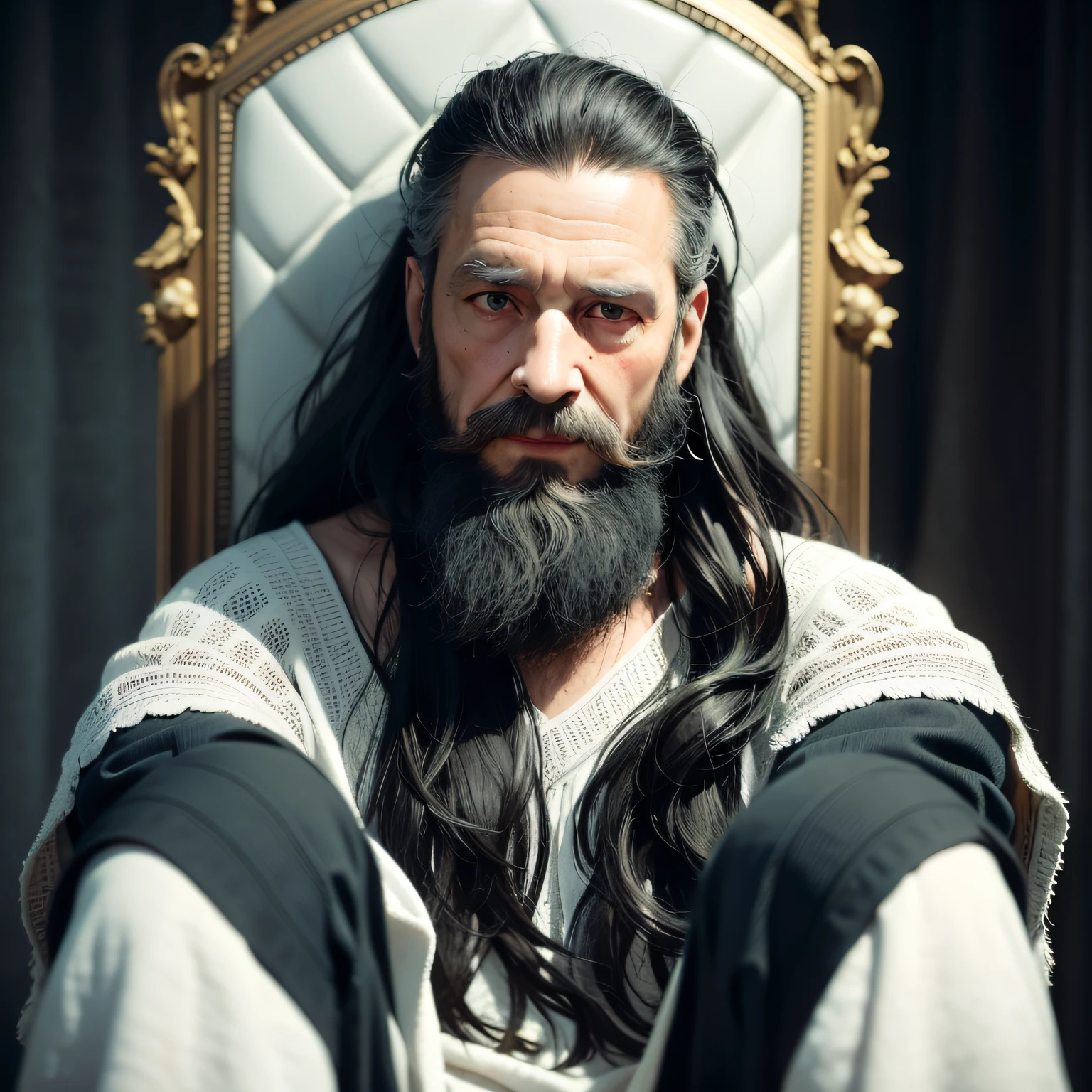 Vintage elderly realistic portrait sitting on a throne, serious, natural skin, light facial, ambient lighting, vivid neon colors, super detailed, realistic details, 8K, 3D, octane, curled black beard, curled black hair, white tunic, greek, white clothing