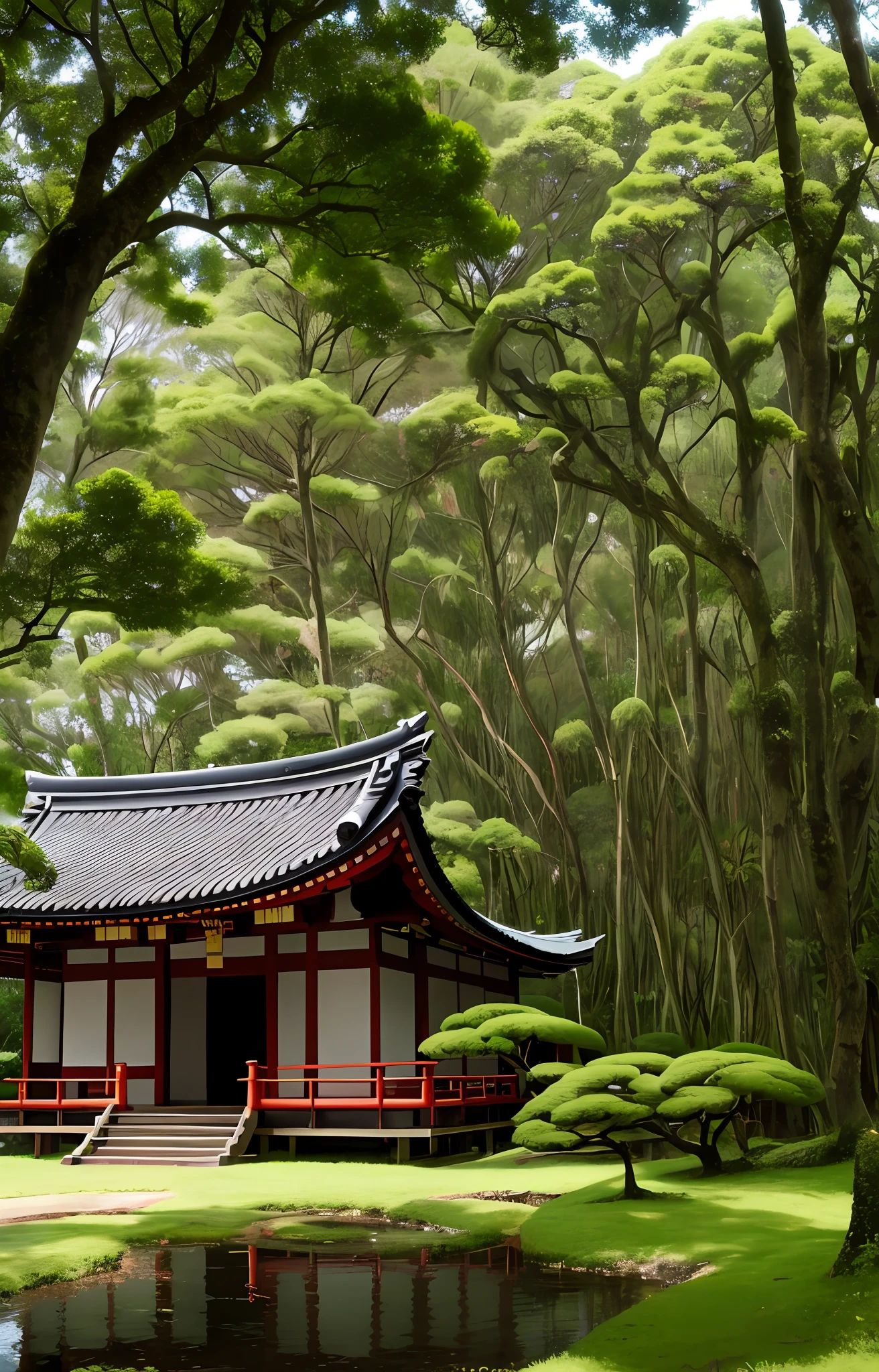 Floresta de cerejeira, white tree trunks, Classic Japanese Taisho era temple at forest bottom, folhas de cerejeira caindo, Blue and pink aesthetics, midday lighting, Vibrando, damp, semelhante a um pantanal de cerejeira --auto
