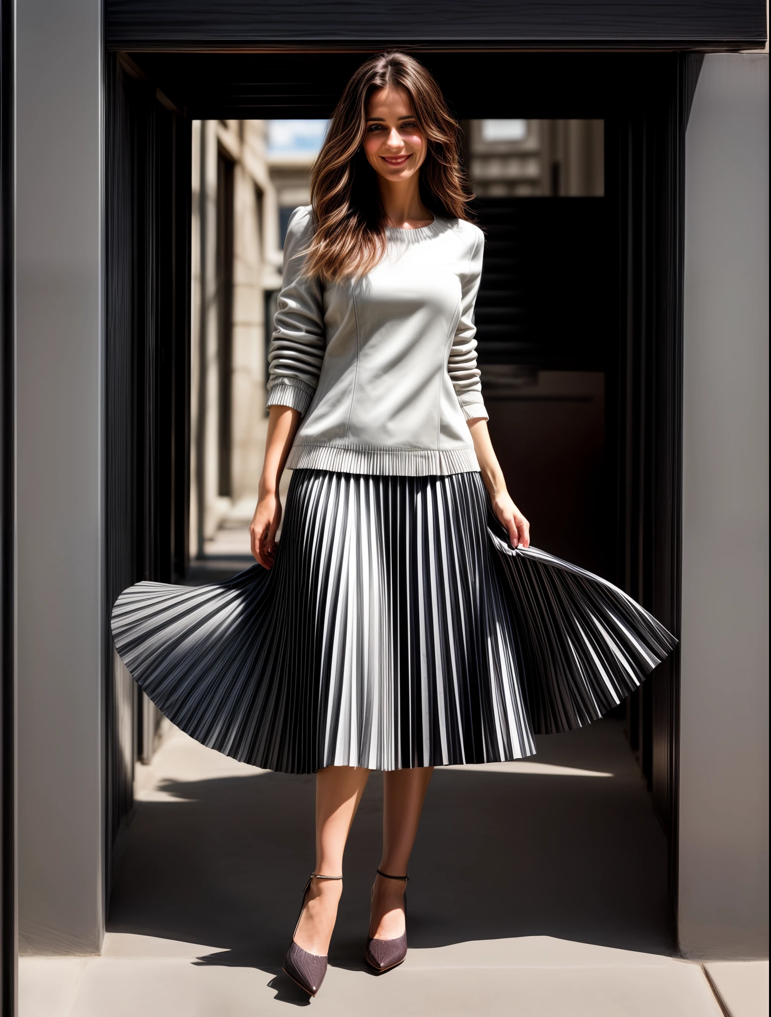 authentic (very shy smiling) good woman wearing a short blazer with a very very detailed (long (fully pleated) full circle skirt) and (simple) low heeled office shoes, very very intricate hyper-detailed symmetric (attractive graceful young feminine face) with (sad, tired eyes and shy smile:1,8), full of empathy and compassion and love, (pronounced (feminine) features), (highly detailed ultra accurate realistic) hands and fingers, (windy conditions and wind blowing), epic composition, highly detailed attributes, highly detailed atmosphere, (35mm f1.4 Kodak portra 400 photograph), extremely high quality RAW photograph, intricate, Exquisite details and textures,