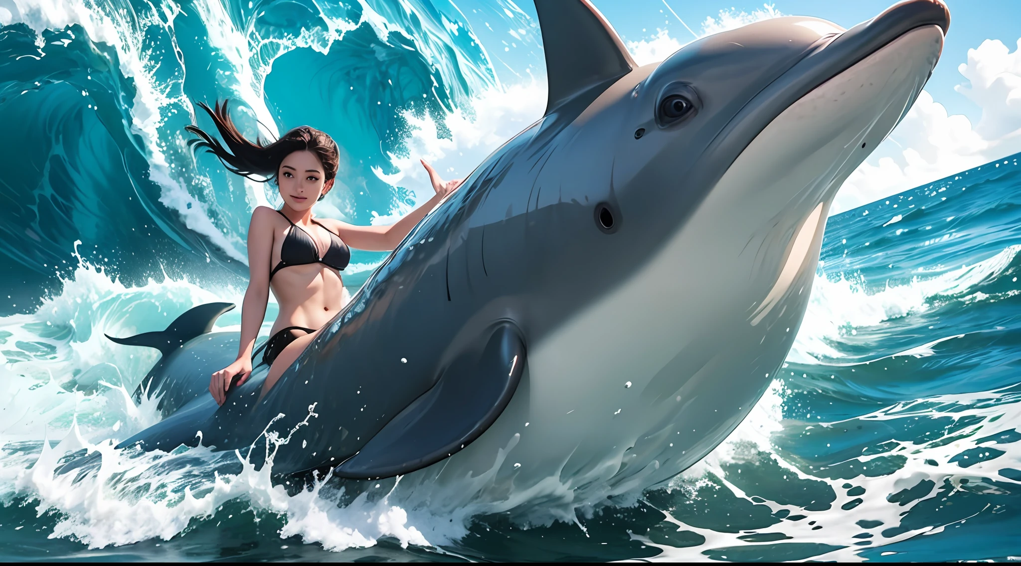 a girl riding a dolphin emerging from the waves of the sea,4K,8k, jav Japanese gir, dolphin, beautiful, bikini --auto --s2