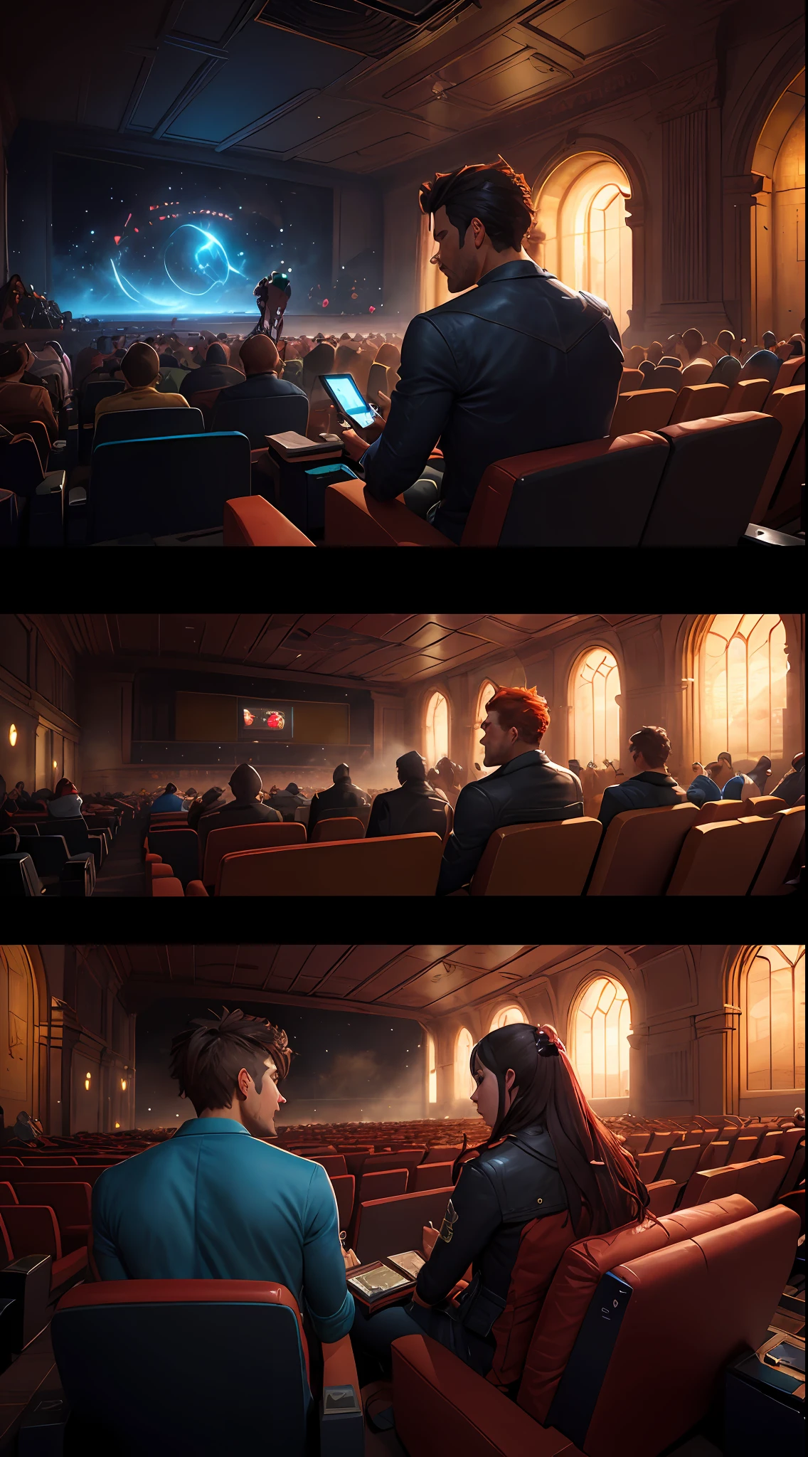 People sitting watching movie in the cinema, highly detailed, digital painting, splash art., art by Greg Rutkowski and Artgerm,