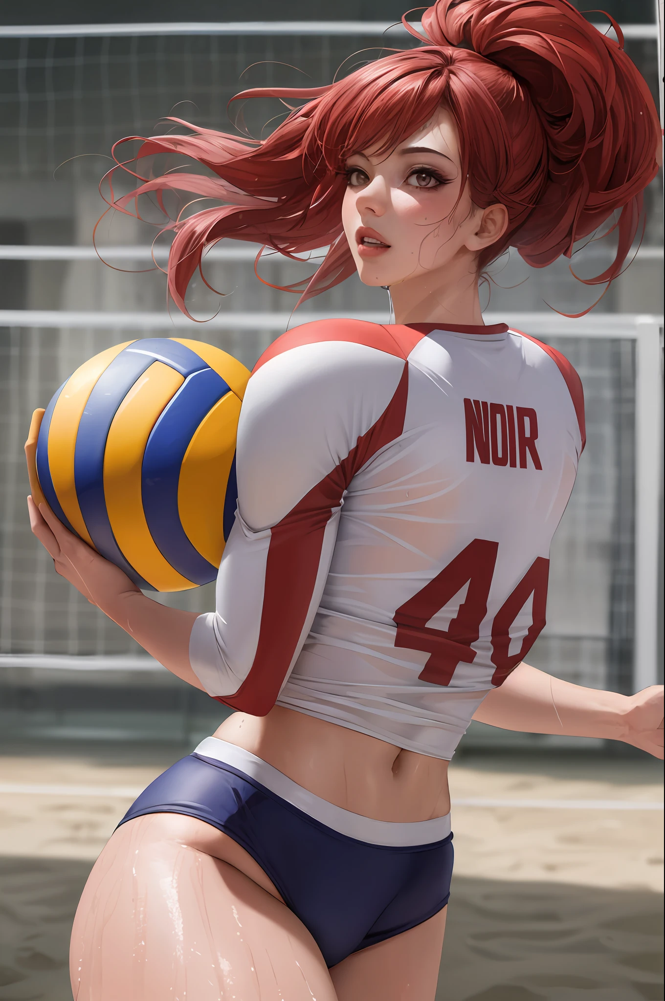 masterpiece:1.2, best quality), realistic, (real picture, intricate details, depth of field), (1girl, solo), make up, parted lips, highly-detailed, perfect face, (huge breasts:1.4), (skindentation), thick thighs, wide hips, small waist, tall, glossy coral lips, red hairs, red eyes, ponytail, (A girl playing volleyball, white volleyball uniform), (sweating:1.2), (wet), sexy, blushing,