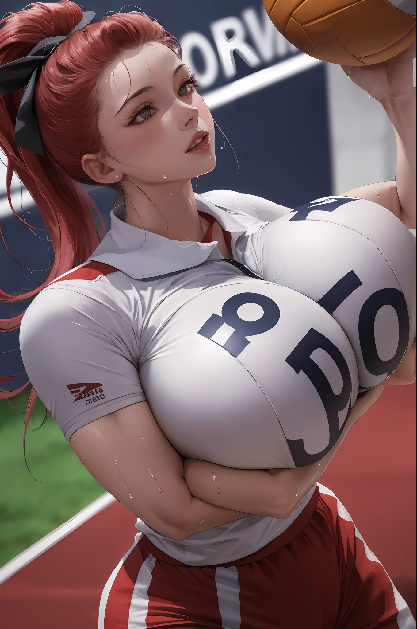 masterpiece:1.2, best quality), realistic, (real picture, intricate details, depth of field), (1girl, solo), make up, parted lips, highly-detailed, perfect face, (huge breasts:1.4), (skindentation), thick thighs, wide hips, small waist, tall, glossy coral lips, red hairs, red eyes, ponytail, (A girl playing volleyball, white volleyball uniform), (sweating:1.2), (wet), sexy, blushing,