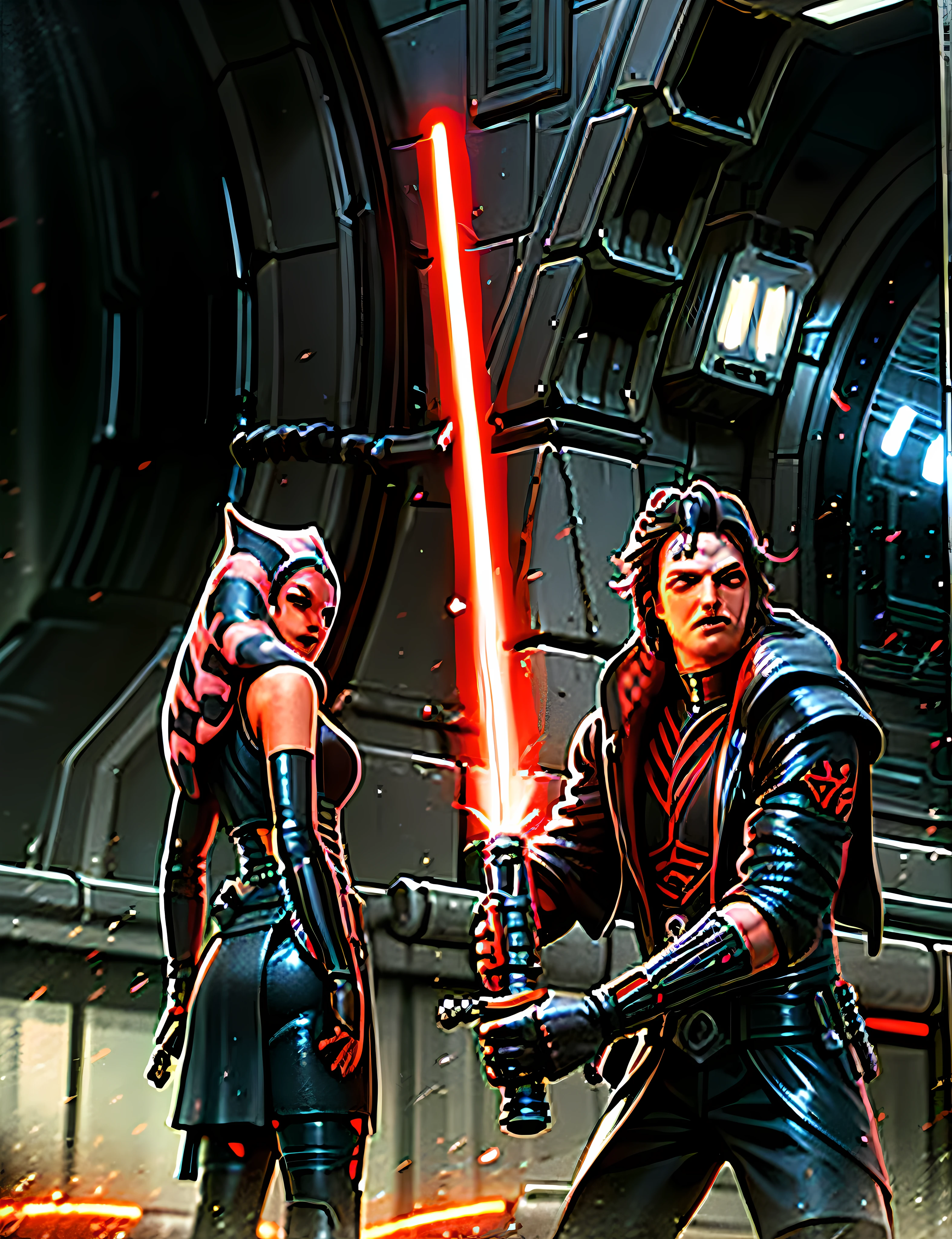 star wars the old republic screenshote of two characters, holding a red lightsaber, cal kestis lightsaber wallpaper, holding laser swords, darth revan, red lightsaber, holding a lightsabre. splash art, wearing black sith robes, holding a lightsaber, with lightsaber sword, mustafar, holding an activated lightsaber, wearing black sith uniform