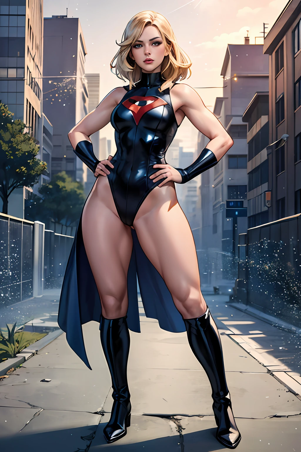((masterpiece)), ((best quality)), ((highres)), beautiful woman, splash art, 8K, solo, superhero, bare legs, (tight leotard: 1), hands on hip, city backdrop, knee boots, (perfect hands: 1), sparkling, light particles