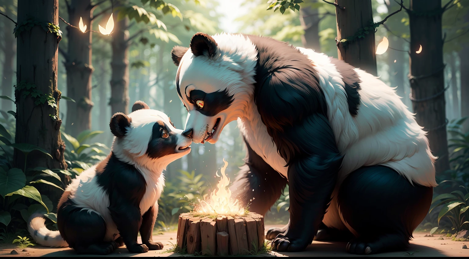 2 ursos pandas, obra-prima, melhor qualidade, (altamente detalhado CG unidade 8k papel de parede), (melhor qualidade), (best illustrations), (melhores sombras), tema da floresta com elementos naturais. Tall trees, riachos tranquilos, pequenos cogumelos brilhantes cercados por folhas e galhos delicados, with fireflies and glowing particle effects, (elementos naturais), (tema da selva), (folhas), (galhos), (vagalumes), Borboletas, (folhas delicadas), (brilho), (particle effects). , 3d isometric, octane rendering, ray tracing, hiper detalhe --auto