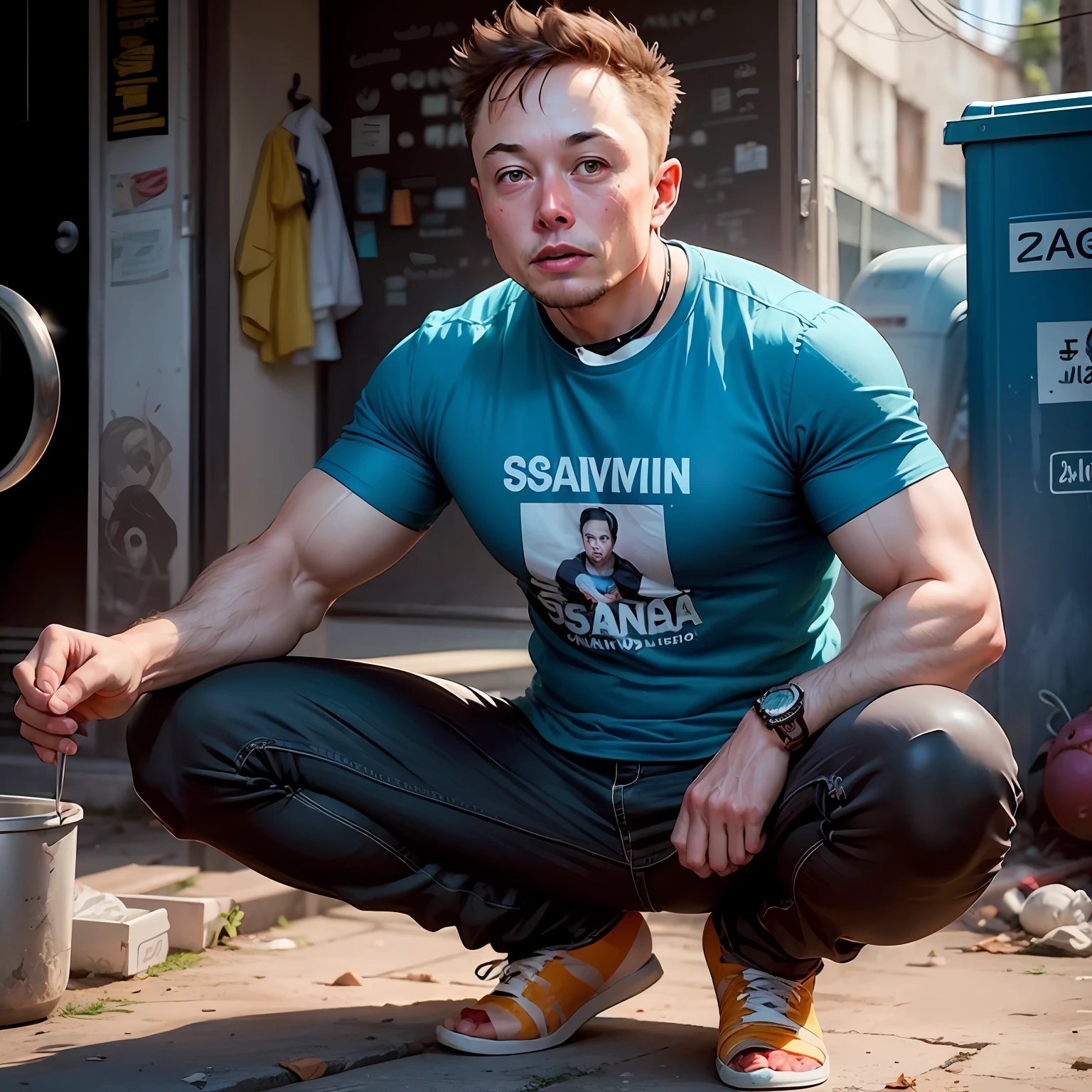 Elon Musk na favela do Rio de Janeiro, magro desnutrido com camiseta rasgada, and very dirty pants, usando chinelo havainanas. corpo inteiro, realista. --auto