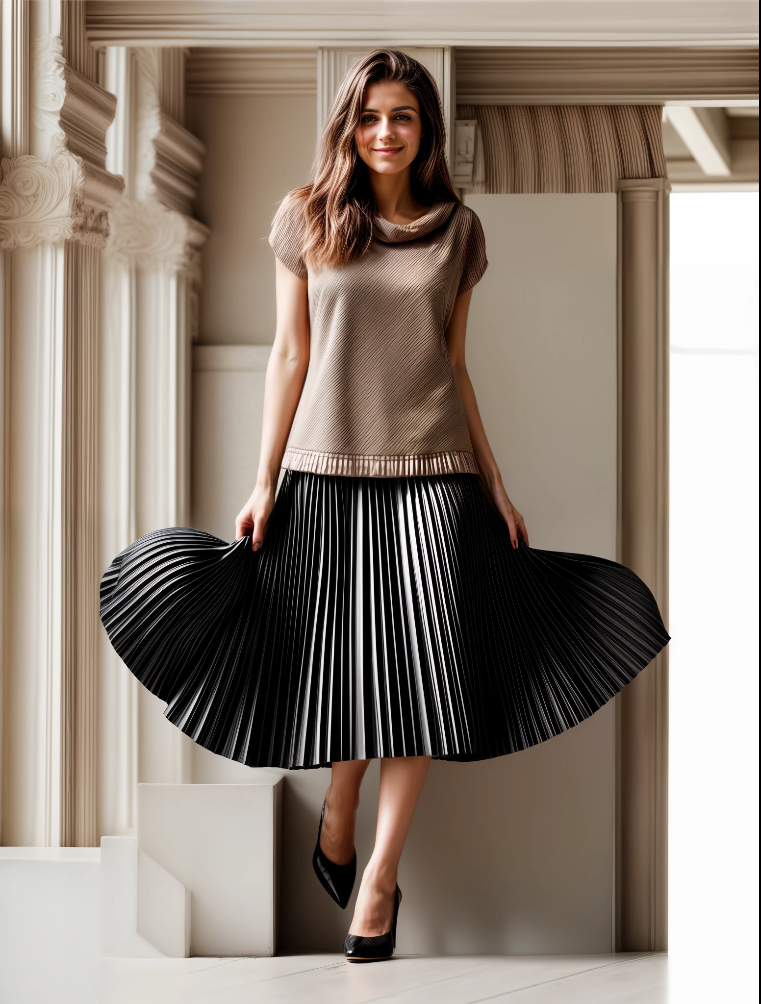 authentic (very shy smiling) good woman wearing a short blazer with a very very detailed (long (fully pleated) full circle skirt) and (simple) low heeled office shoes, very very intricate hyper-detailed symmetric (attractive graceful young feminine face) with (sad, tired eyes and shy smile:1,8), full of empathy and compassion and love, (pronounced (feminine) features), (highly detailed ultra accurate realistic) hands and fingers, (windy conditions and wind blowing), epic composition, highly detailed attributes, highly detailed atmosphere, (35mm f1.4 Kodak portra 400 photograph), extremely high quality RAW photograph, intricate, Exquisite details and textures,