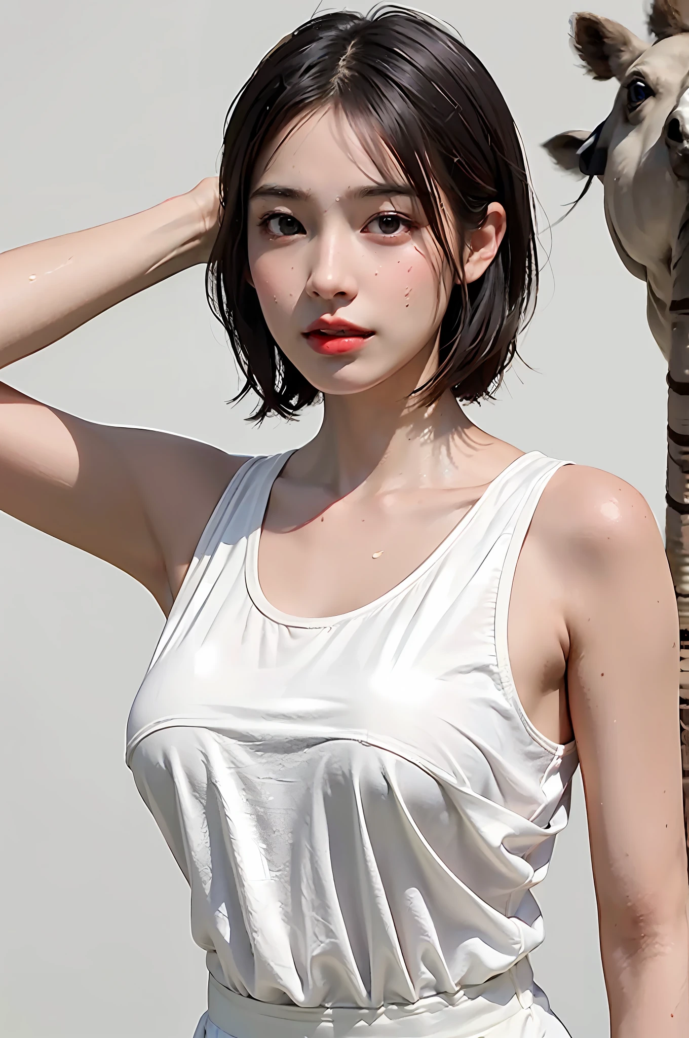 (Ultra Real), (Illustration), (High Resolution), (8K), (Very Detailed), (Best Illustration), (Beautiful Detailed Eyes), (Best Quality), (Ultra Detailed), (Masterpiece), (Wallpaper), (Detailed Face), Droopy Eyes, Sweaty, Upper Body Up, Armpits, Short Hair, Inner Color, Solo, Simple White Tank Top Girl, Japan Person, Big Tits, (Camel Toe)