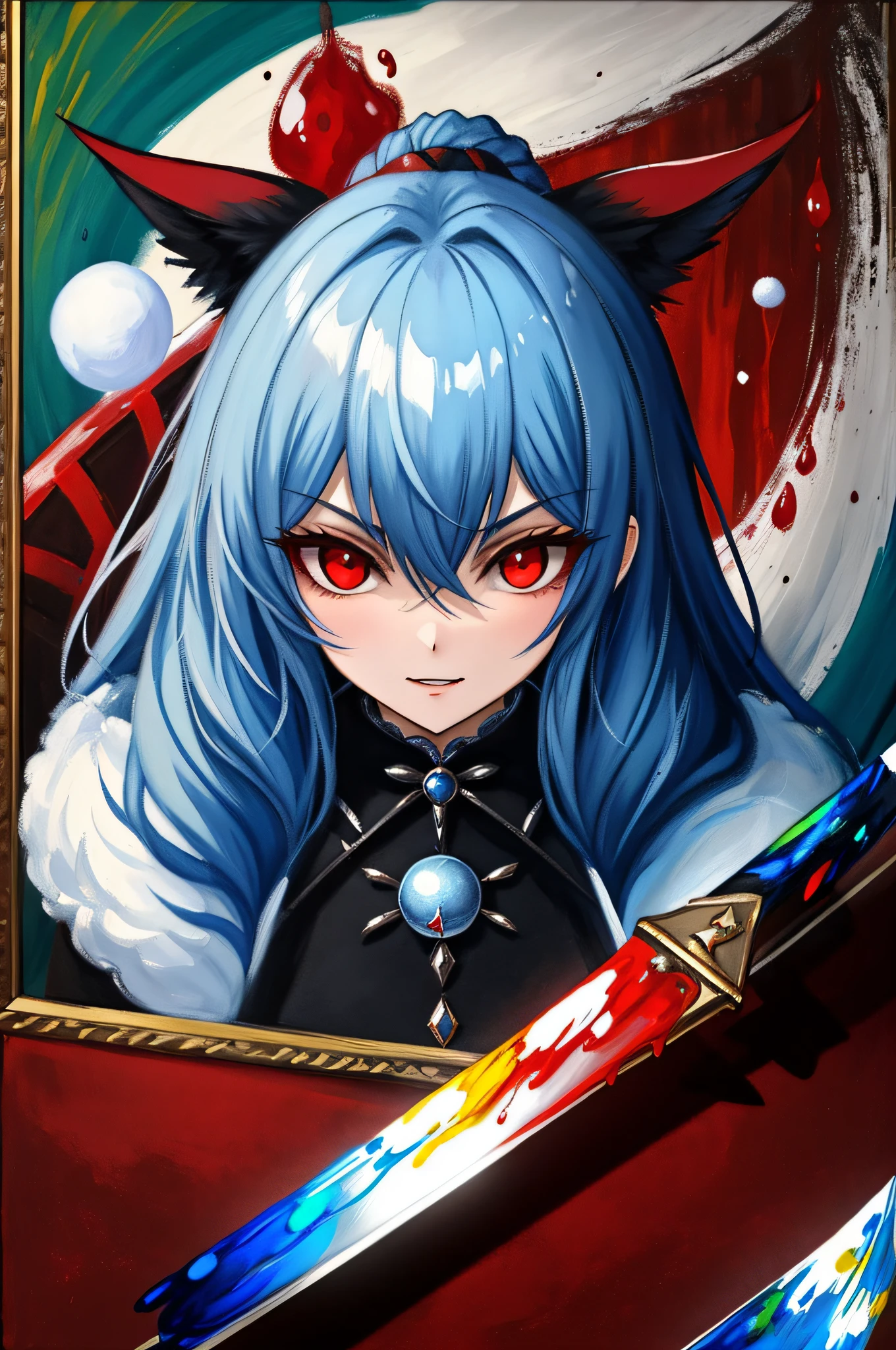 (Fluffy Cute Ball), razor sharp blades sticking out of the fluff, evil crimson red eyes, crimson dripping, masterpiece, best quality, ((In Wonderland painting style))