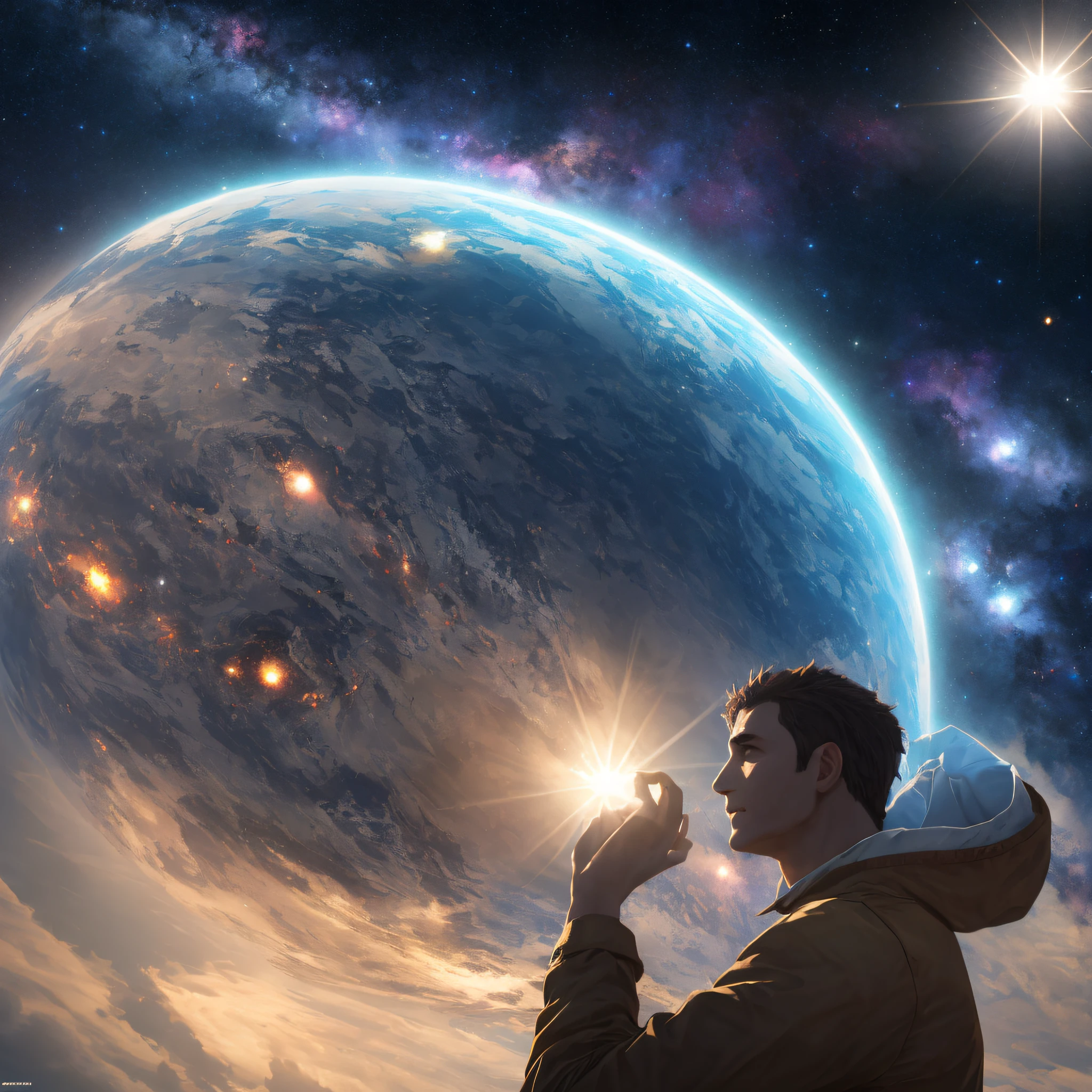 um homem, Muitos detalhes, obra-prima, usando um galeco branco, shows a galaxy, Ultra Detalhado, perfeito, Impeccable, melhor qualidade, 8k, ultra-realistic lighting, shadows in harmony with lighting, cores marcas, Detalhes minuciosos --auto