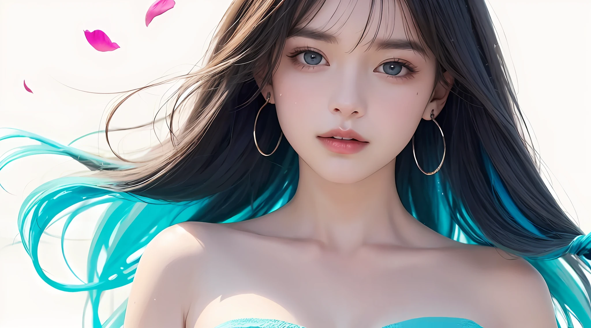 (Pink fashion T-shirt:1.9),(Colorful hair:1.8),(Rainbow all colors:1.8),((((Vertical painting:1.6))),(painterly:1.6),front facing,manga,illustration,painterly,huge eyes,Crystal clear,(Rainbow gradient high ponytail:1.7),Exquisite Makeup,Closed mouth,(Small freshness:1.5),(Bandeau:1.6),Long eyelashes,White shoulder T- shirt, White Shoulder Shirt,looking at viewers,Big watery eyes,(iridescent hair:1.6), Color splash, (solo:1.8), Color splash, color explosion, colour splash, color explosion, Thick lacquer style,Messy lines,((shiny)) ,(Colorful), (Colorful), (Colorful), Colorful, Thick Paint Style, (splashing) (Color splash), Vertical painting, Upper body, Paint Splash, Acrylic Pigment, Gradient, paint, Highest image quality, Highest image quality, Masterpiece, solo, Depth of field, face paint, Colorful clothes, (elegence: 1.2), flowery, long long hair, windy, (elegence: 1.3), (petals: 1.4),(((Masterpiece))),(((the best quality t))),((hyper detailed)),(illustartion),(dynamicangle),((floating)),(paint),((Loose hair)),(solo),(1girls) , (( (Detailed anima face))),((Beautiful detailed face)),collars, shoulders,hakuhatsu,((Colored hair)),((streaked hair)),Beautiful detailed eyes,(Gradient eyes),(( (Colored eyes))),(((Colored background))),(((High saturation))),(((Surrounded by colorful splashes))),(((Medium view))),((Upper Bust))