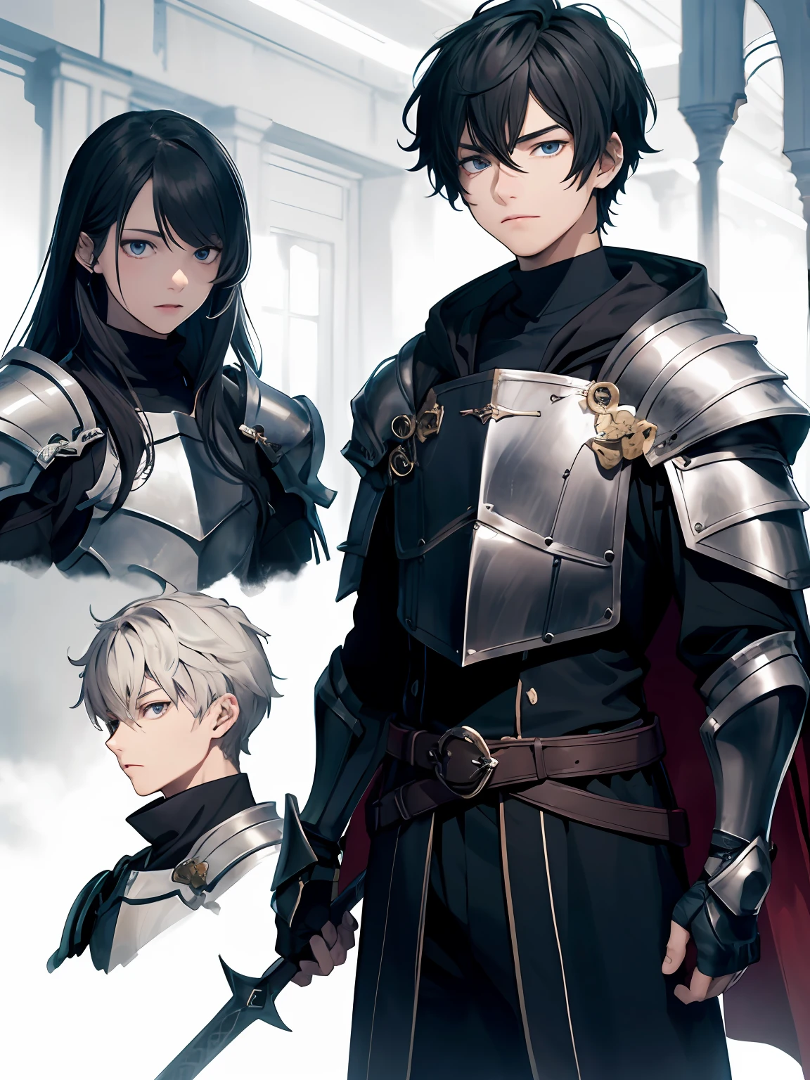 Illustrations、Cute Boy、fantastical、Black hair blue eyes、Knight in Black、Tension before the start of the duel、ikemen、cloak、turtle neck、Inside the dungeon、piercing gaze、enmity、Combat readiness、armor、White rabbit
