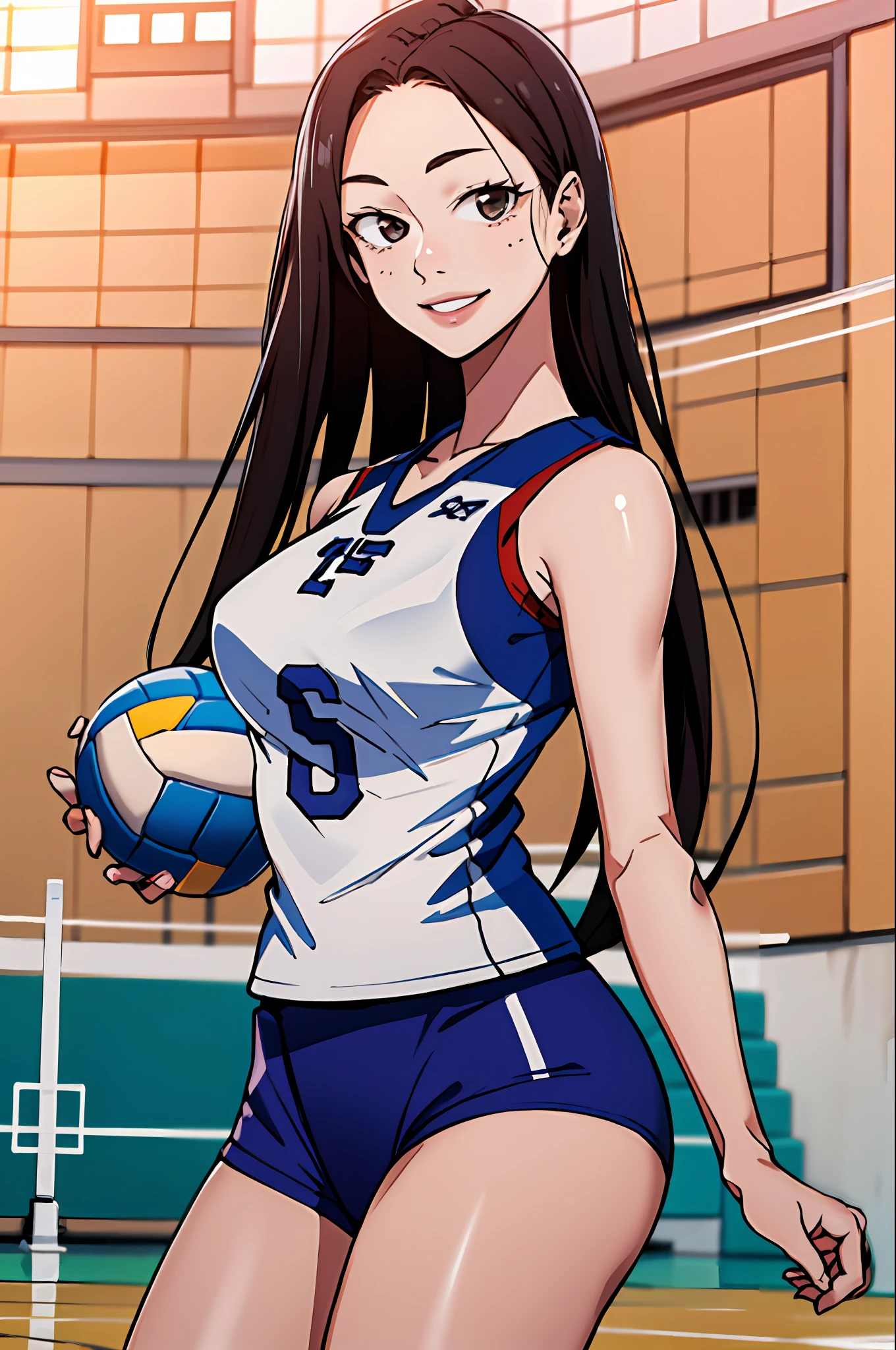 masterpiece, best quality, highres, depth of field, smiling, looking at viewer, 1girl, long hair, volleyball uniform, tall, indoor stadium, pureerosface_v1,  ulzzang-6500, holding a volleyball,