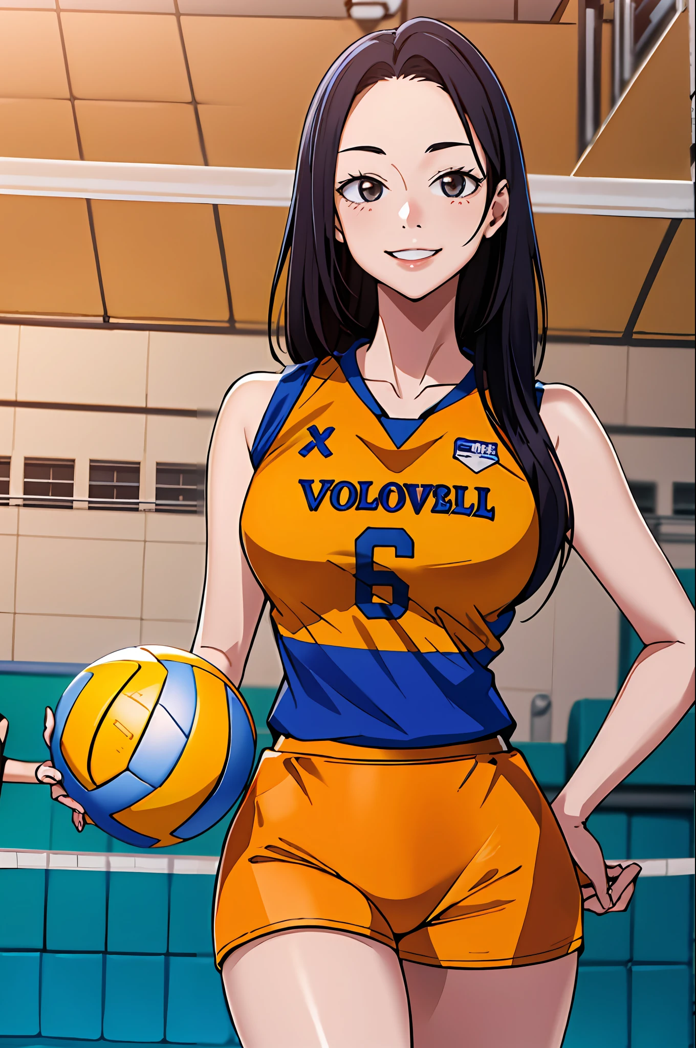 masterpiece, best quality, highres, depth of field, smiling, looking at viewer, 1girl, long hair, volleyball uniform, tall, indoor stadium, pureerosface_v1, ulzzang-6500, holding a volleyball,