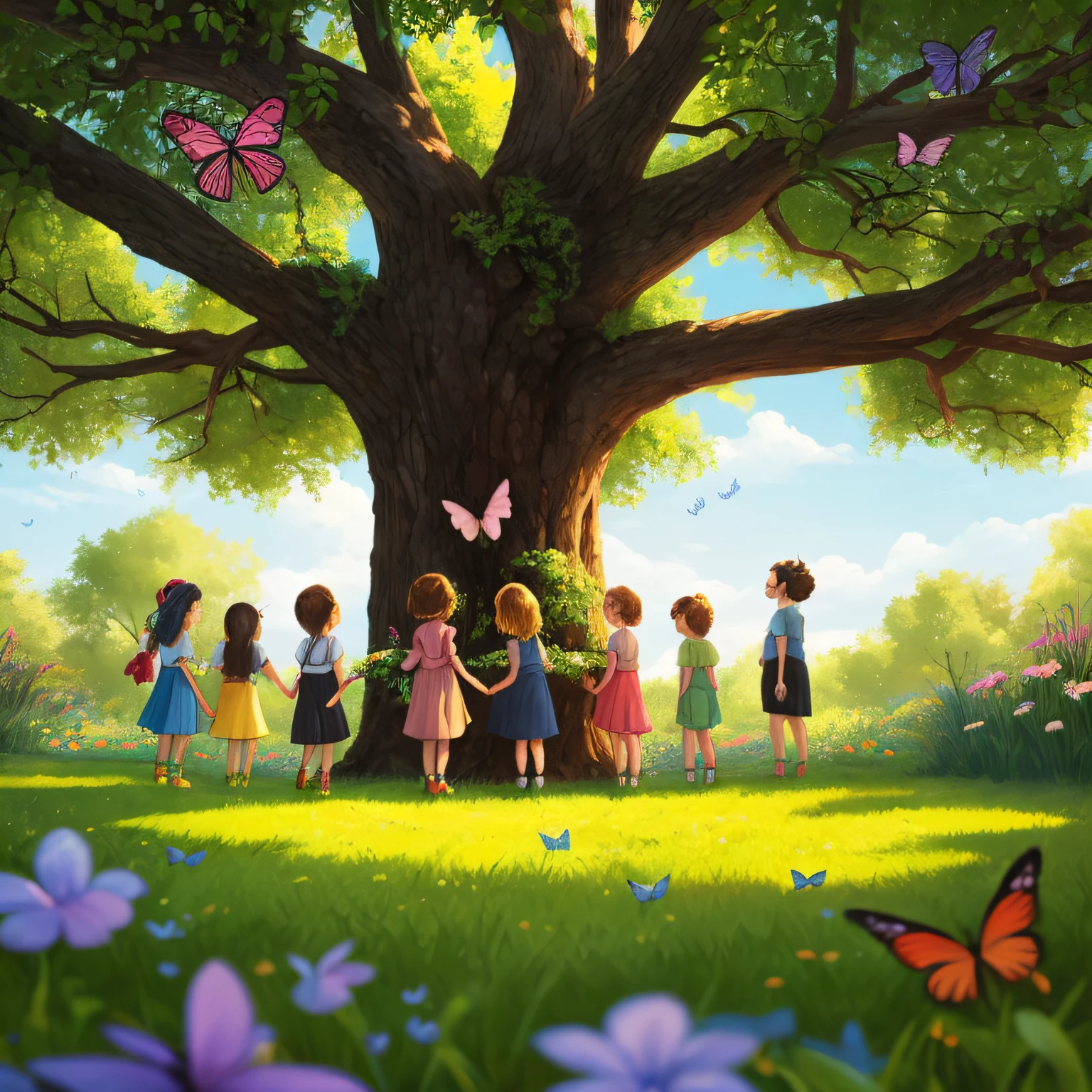 Desenhe para uma historia infantil , 10 children from 06 to 12 years old, sexo feminino, all standing around the tree, with expressions of surprise and admiration . Represent the tree with lush, folhas coloridas, surrounded by butterflies and birds. qualidade perfeita, Foco claro (mess-house: 0.8), (obra-prima: 1.2) (realista: 1.2) (Bokeh) (melhor qualidade) (pele detalhada: 1.3) (detalhes intrincados) (8k) (olhos de detalhe) (Crisp Focus), (Feliz) story book illustration, colorful children's book illustration, storybook design, story book illustration, children's illustrated storybook, cute storybook illustration --auto