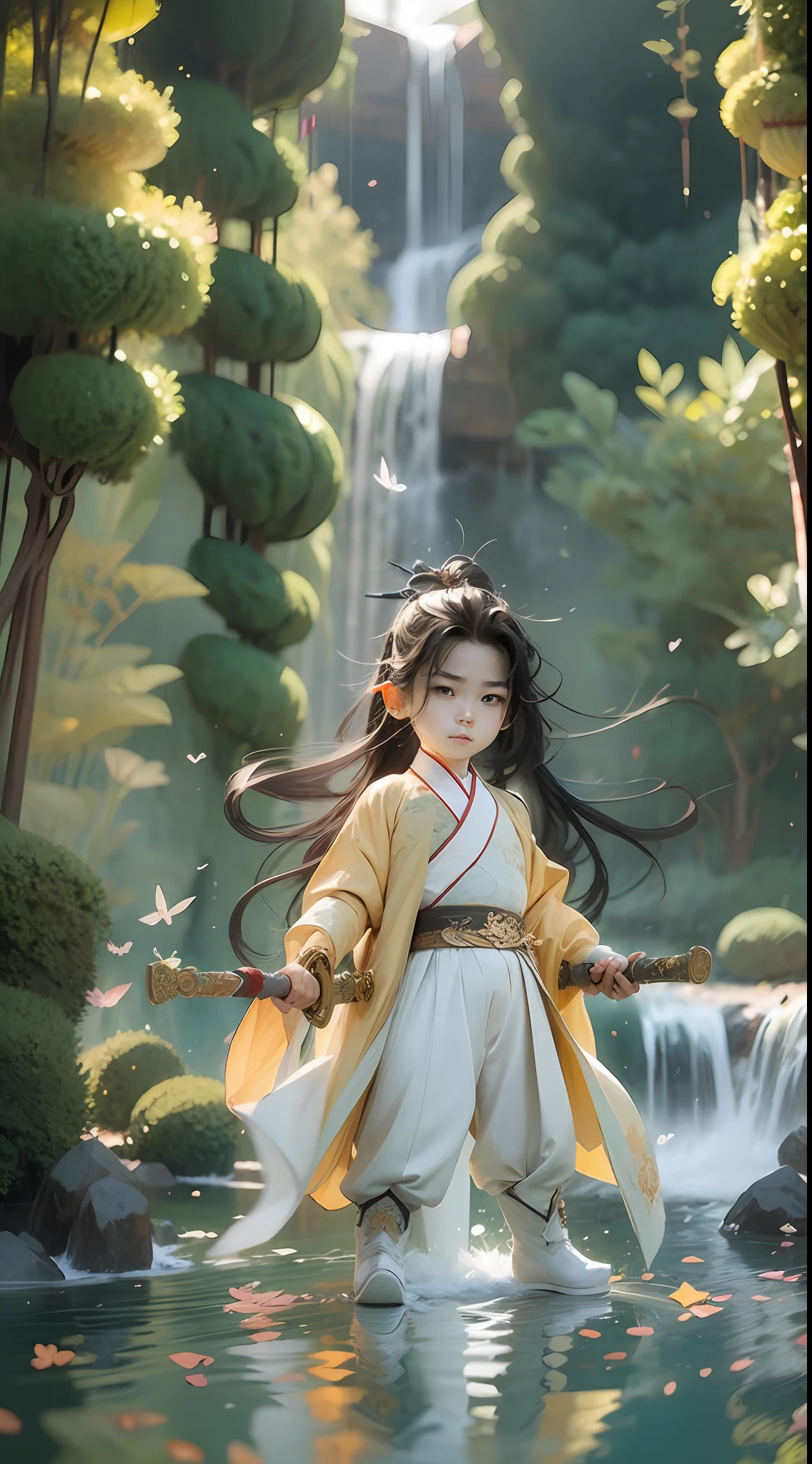 Chibi T-Shi,Full body,1男孩,Ancient Chinese 4--old ,Cool,Masculinity,Sword in hand,with long black hair,Hanfu,White clothes fluttering,Gold stroke,Cliffs and waterfalls in the background,