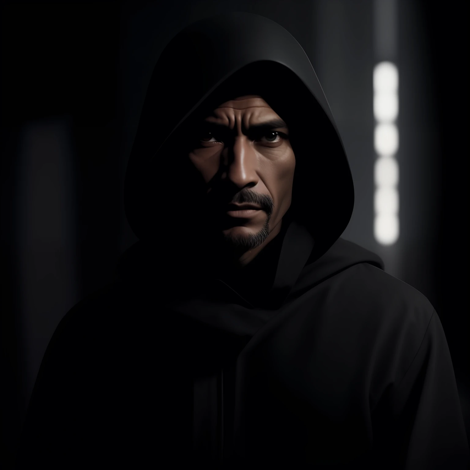 Um velho cavaleiro Jedi mulato, 40 anos, strength and determination in the eyes, looking at the 50mm camera, luz difusa, rebellious environment of the Republic, foto de capa de revista premiada, hiper detalhado, berserk, raiva, raiva, hd, 8k,