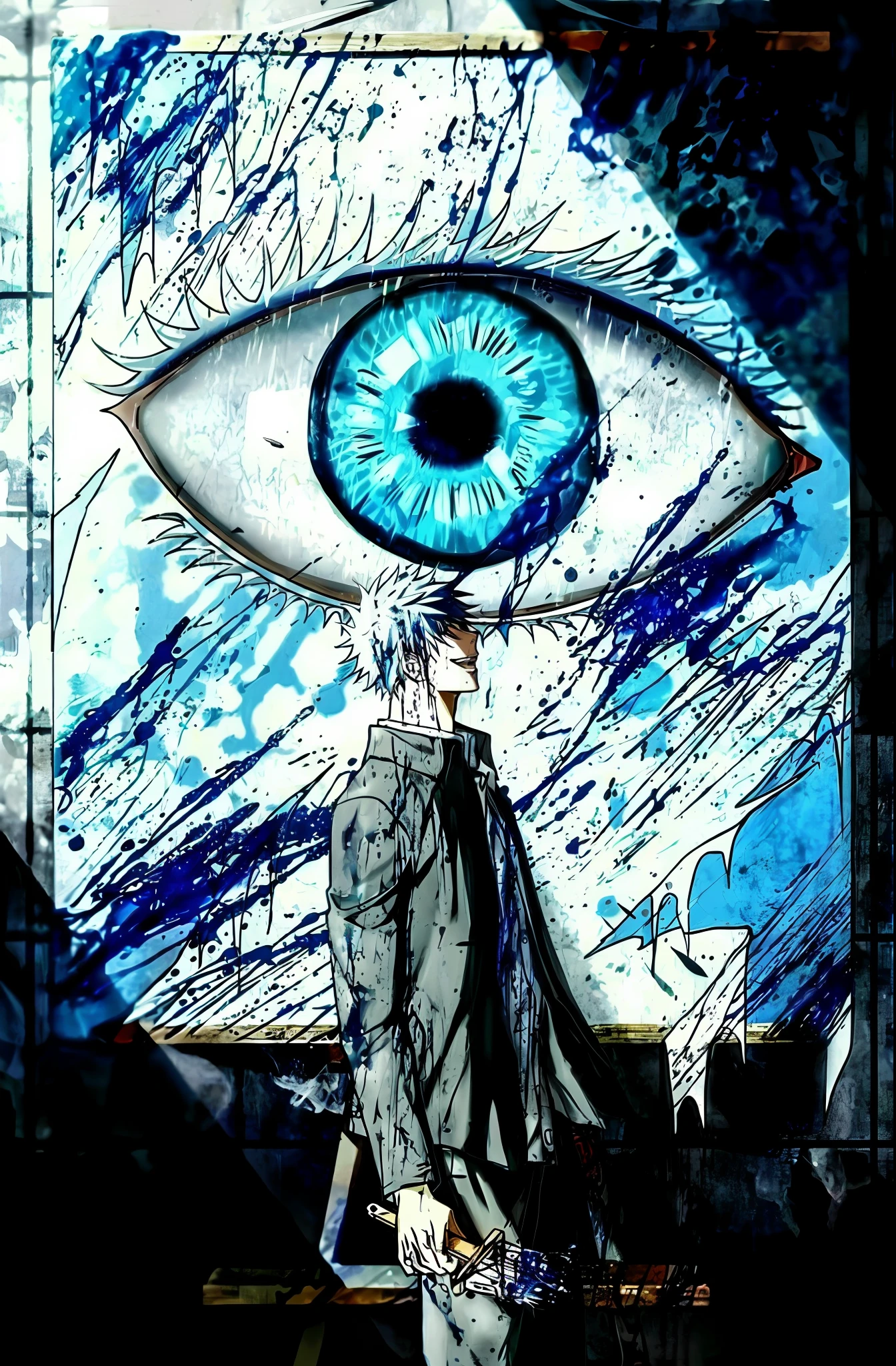 pintura de uma mulher com um olho azul e um casaco azul, olho azul. anime, cara de anime alto com olhos azuis, Estilo de arte ufotable, arte em alta de anime, anime asthetic, olhos azuis de gelo, arte de anime em alta, olhos prateados de corpo inteiro, Gatilho Estilo de Arte de Anime, arte de anime em alta, gelo-azul-olhos, Anime Wallaper, olhos claros penetrantes