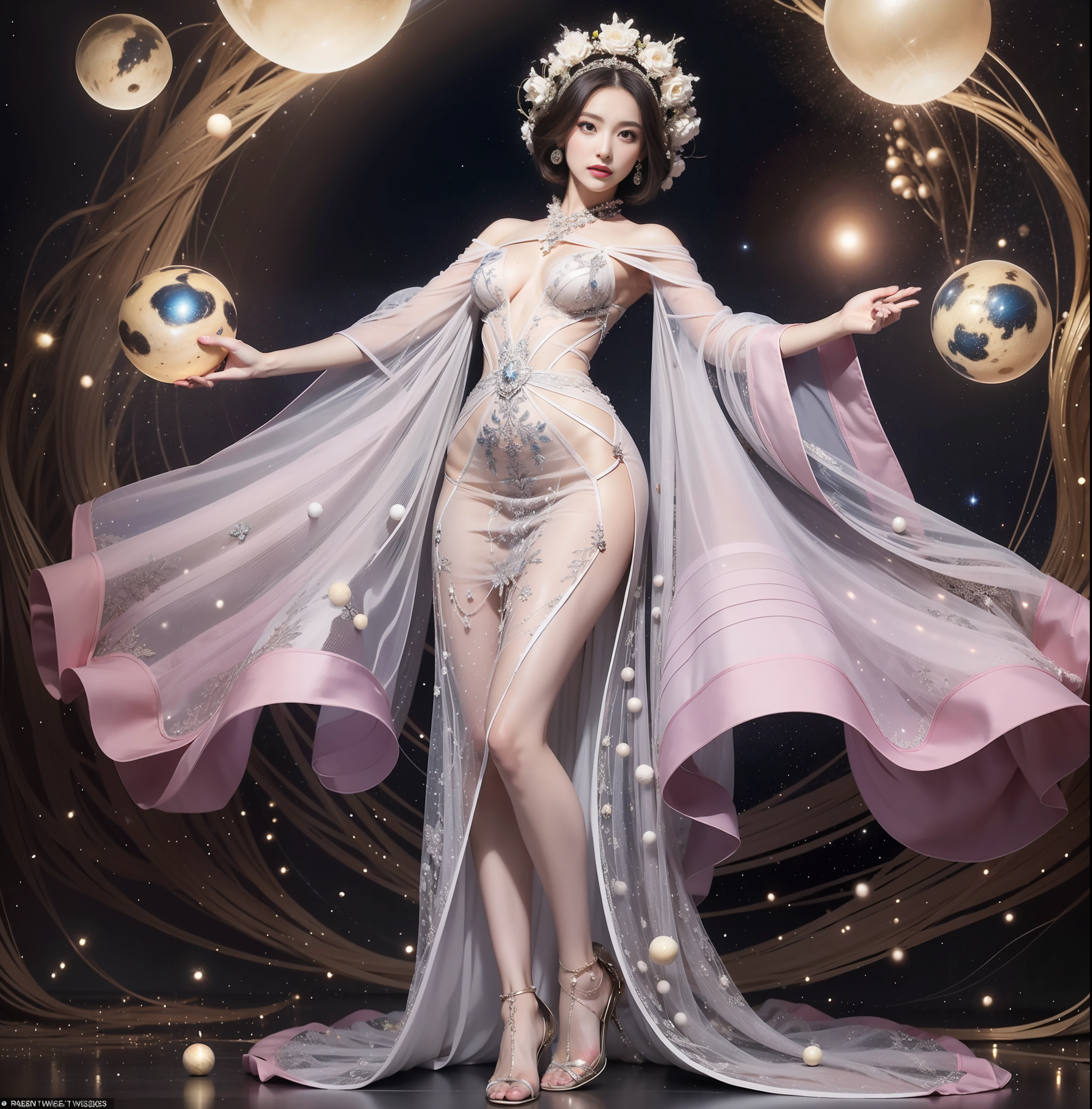 A female model in an exquisite couture gown inspired by the cosmos, surrounded by a galaxy of floating orbs. full body in shot, twirling to create a sense of movement, pro《Vogue》Filmed by Alex Webb.  --AR 5:7 50 --style raw --s 2