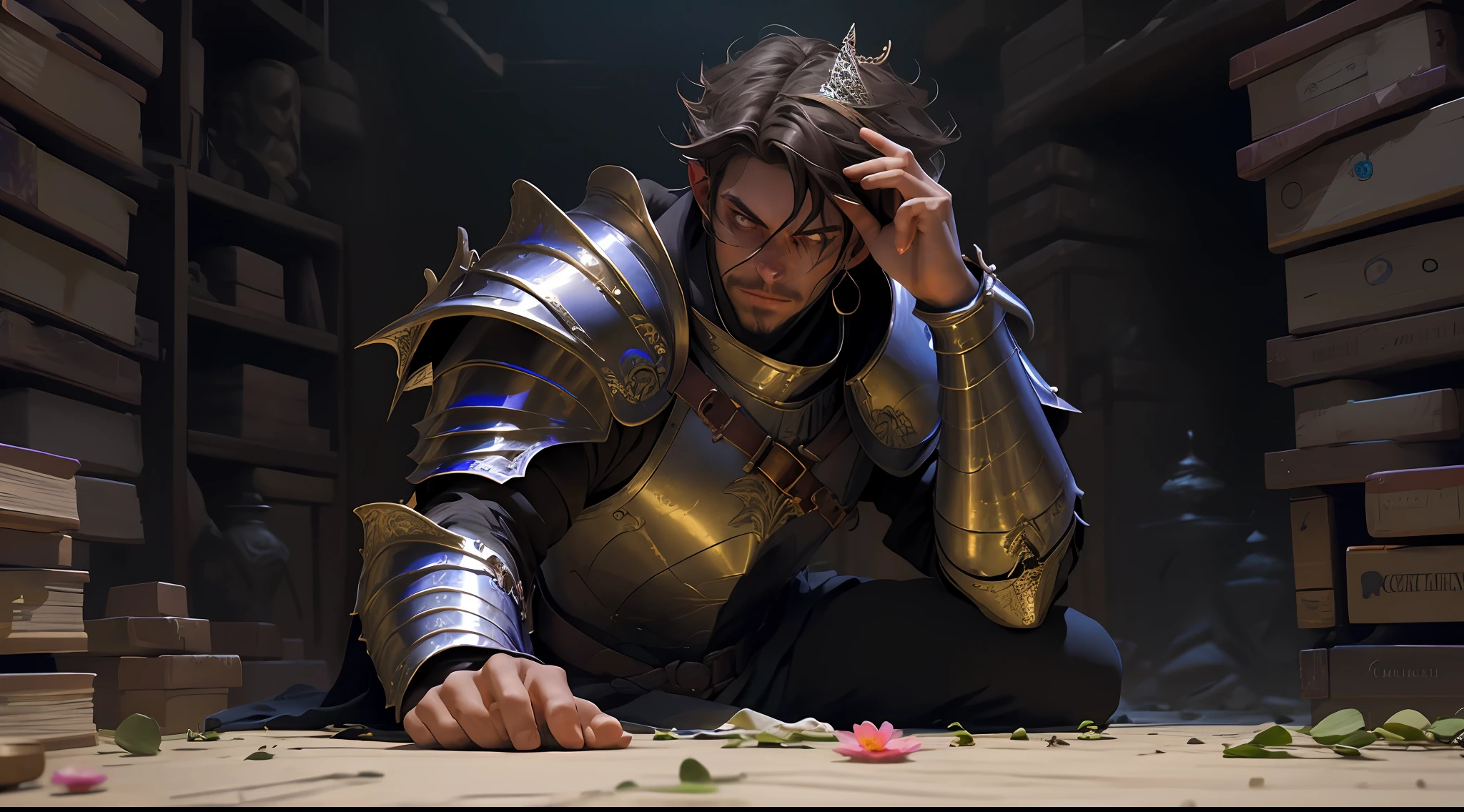 A man in armor fights bloody, epic fantasy digital art style, epic fantasy art style HD, epic fantasy art style, detailed fantasy digital art, epic fantasy style art, detailed fantasy art, epic exquisite character art, 4K fantasy art, 2. 5 D CGI anime fantasy artwork with man wearing a flower on his head, photo of the most beautiful artwork in the world with a soft sheen, ((epic hero fantasy, wounded hero, dynamic pose of dying on the floor, great location, majestic clutter environment)), full body 8k uniform rendering, action shots, skin pores, very dim lighting, heavy shadows, detailed, detailed face, (vibrant, photo realistic, realistic, dramatic, dark, sharp focus, 8k), (Complex: 1.4), Decadence, (High Detail: 1.4), Digital Painting, Octane Rendering, ArtStation, Concept Art, Smooth, Sharp Focus, Illustration, Artgerm Art, (Loish:0.23), Wlop Ilya Kuvshinov, and Greg Rukowski and Alphonse Mucha Gracias, (Global illumination, Studio light, volumetric light), particle floating