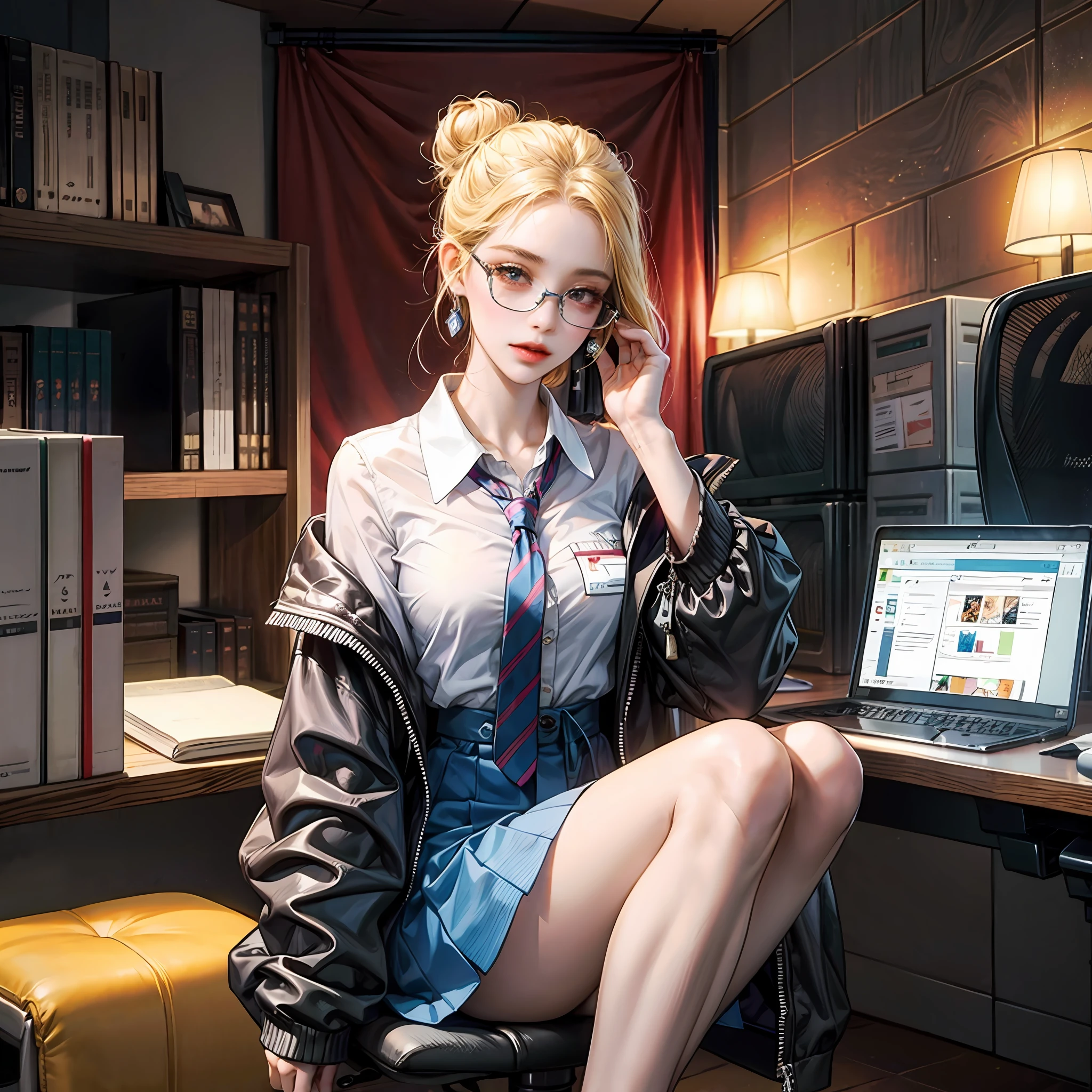 1girl, office attire, pretty decorated necktie, mini skirt and high heals, modern and colorful office building, blonde hair in bun with big glasses --auto