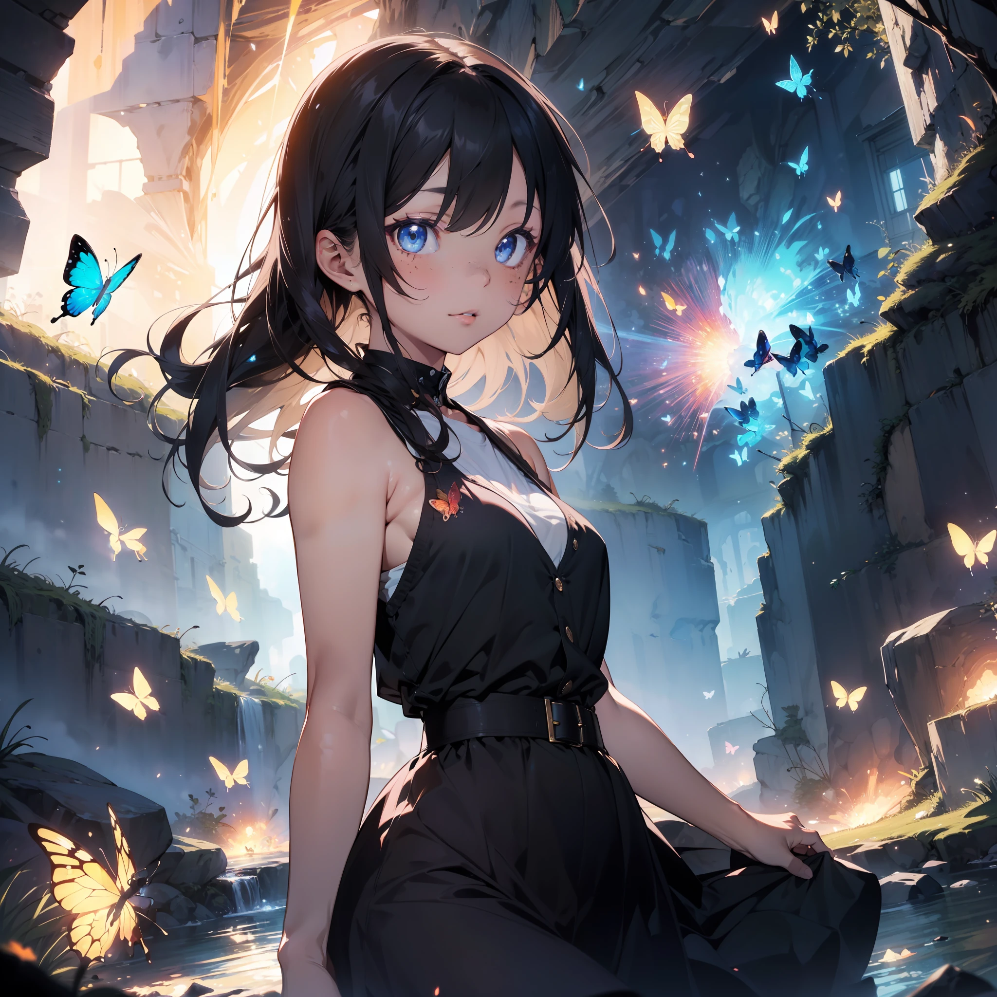 masterpiece, best quality, absurdres,1girl, gorgeous woman, 25 years old, standing, long multicolored hair, bare shoulders, long ornate dress with butterfly patterns, butterfly ornaments, full body shot, detailed face, freckles, light blue glowing eyes, looking at viewer, ambient ligthing, surreal, (background butterfly explosion:1.3), clouds of butterflies in background, scenery, a luminescent cave