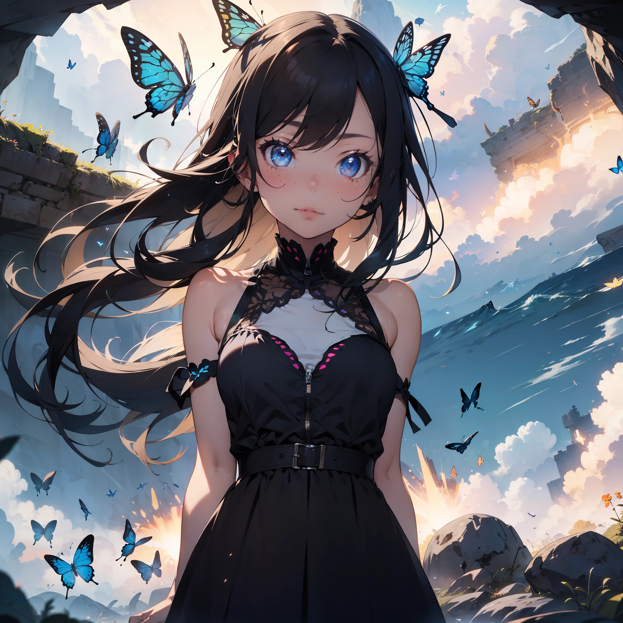 masterpiece, best quality, absurdres,1girl, gorgeous woman, 25 years old, standing, long multicolored hair, bare shoulders, long ornate dress with butterfly patterns, butterfly ornaments, full body shot, detailed face, freckles, light blue glowing eyes, looking at viewer, ambient ligthing, surreal, (background butterfly explosion:1.3), clouds of butterflies in background, scenery, a luminescent cave