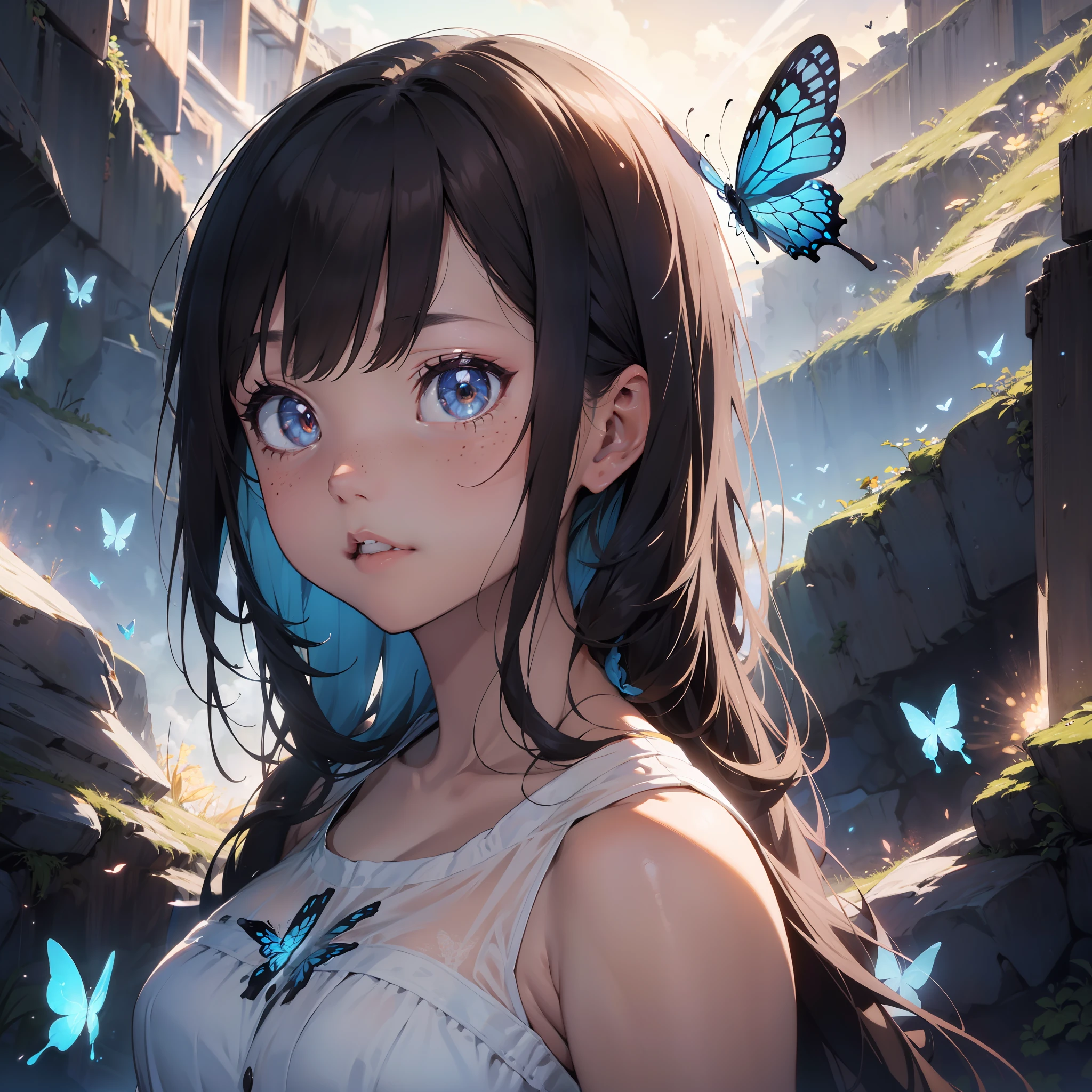 masterpiece, best quality, absurdres,1girl, gorgeous woman, 25 years old, standing, long multicolored hair, bare shoulders, long ornate dress with butterfly patterns, butterfly ornaments, full body shot, detailed face, freckles, light blue glowing eyes, looking at viewer, ambient ligthing, surreal, (background butterfly explosion:1.3), clouds of butterflies in background, scenery, a luminescent cave