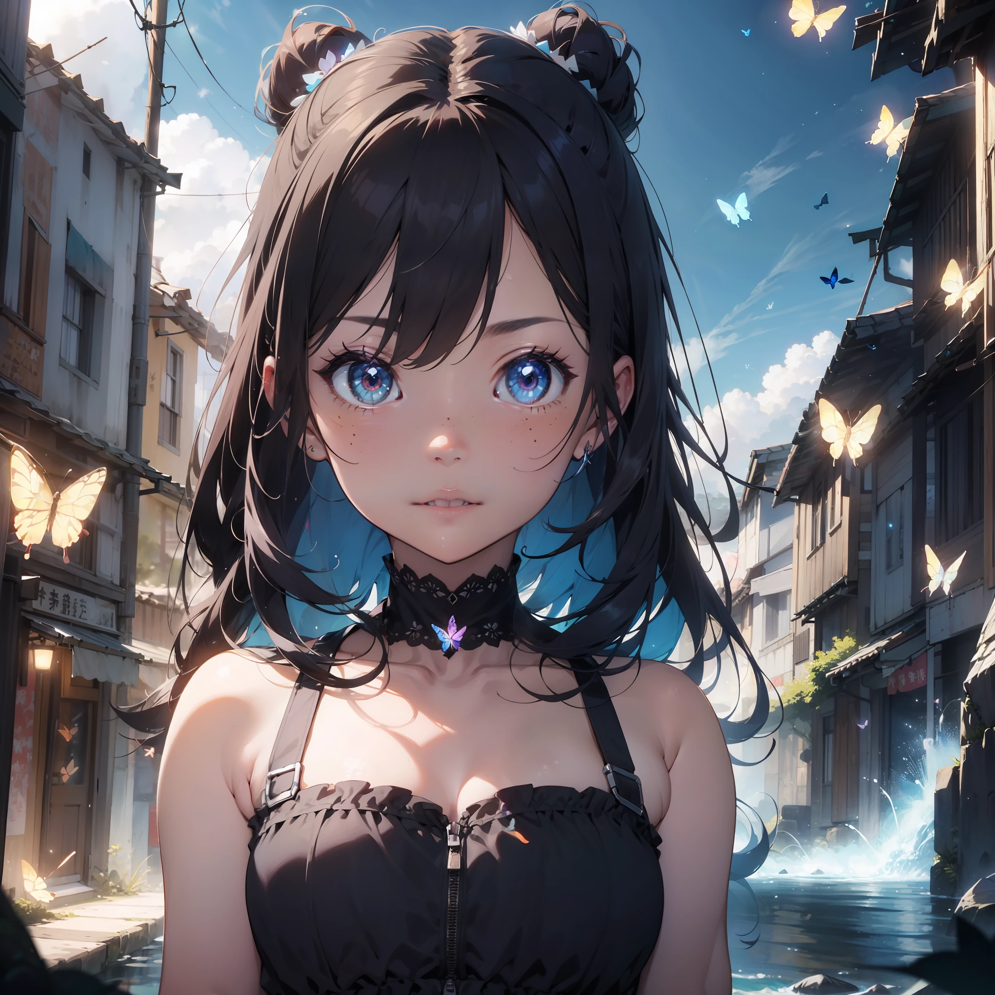 masterpiece, best quality, absurdres,1girl, gorgeous woman, 25 years old, standing, long multicolored hair, bare shoulders, long ornate dress with butterfly patterns, butterfly ornaments, full body shot, detailed face, freckles, light blue glowing eyes, looking at viewer, ambient ligthing, surreal, (background butterfly explosion:1.3), clouds of butterflies in background, scenery, a luminescent cave