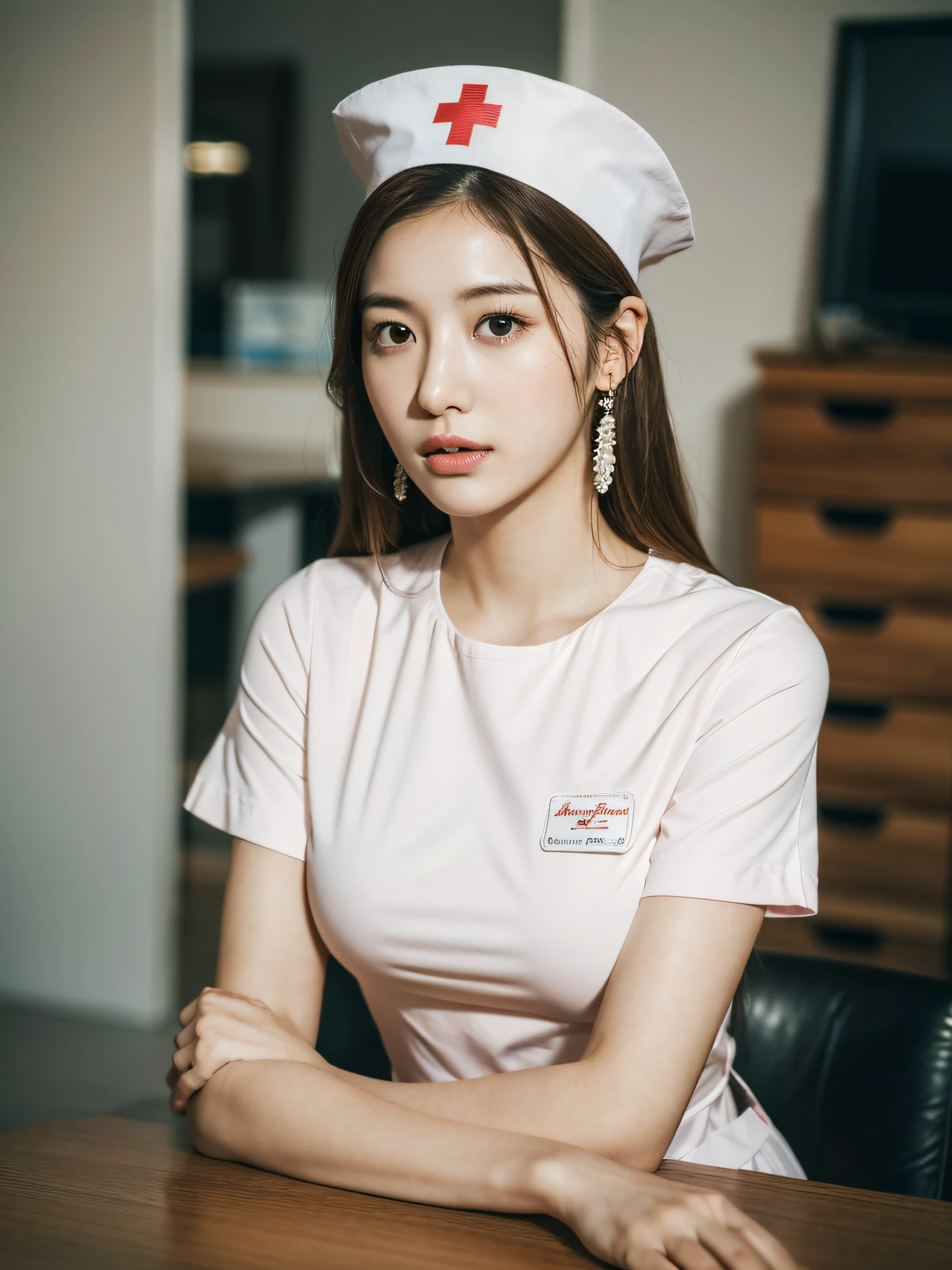 (8k, RAW photo, ultra high res, best quality, masterpiece:1.2), (realistic), (8k wallpaper),1 girl, beautiful face, pale skin, natural skin texture, brown hair, calm color palette, soft shadows, nurse, glamour, big breasts, hospital, hat, sitting on table, ((No closeup)), full body, earings, crossed legs
