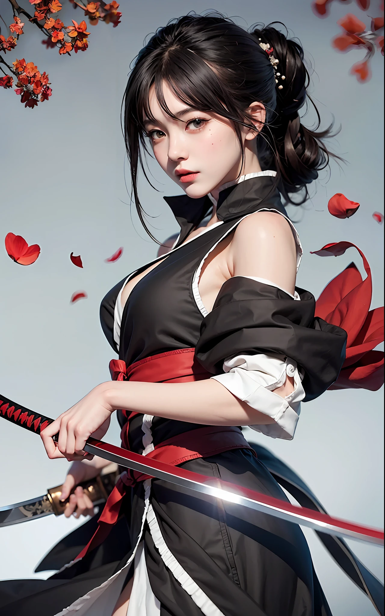 anime girl with black hair holding a sword and red petals, demon slayer rui fanart, artwork in the style of guweiz, she is holding a katana sword, anime style digital art, takato yomamoto. 4 k, knife, inspired by Otake Chikuha, inspired by Kusumi Morikage, guweiz on artstation pixiv