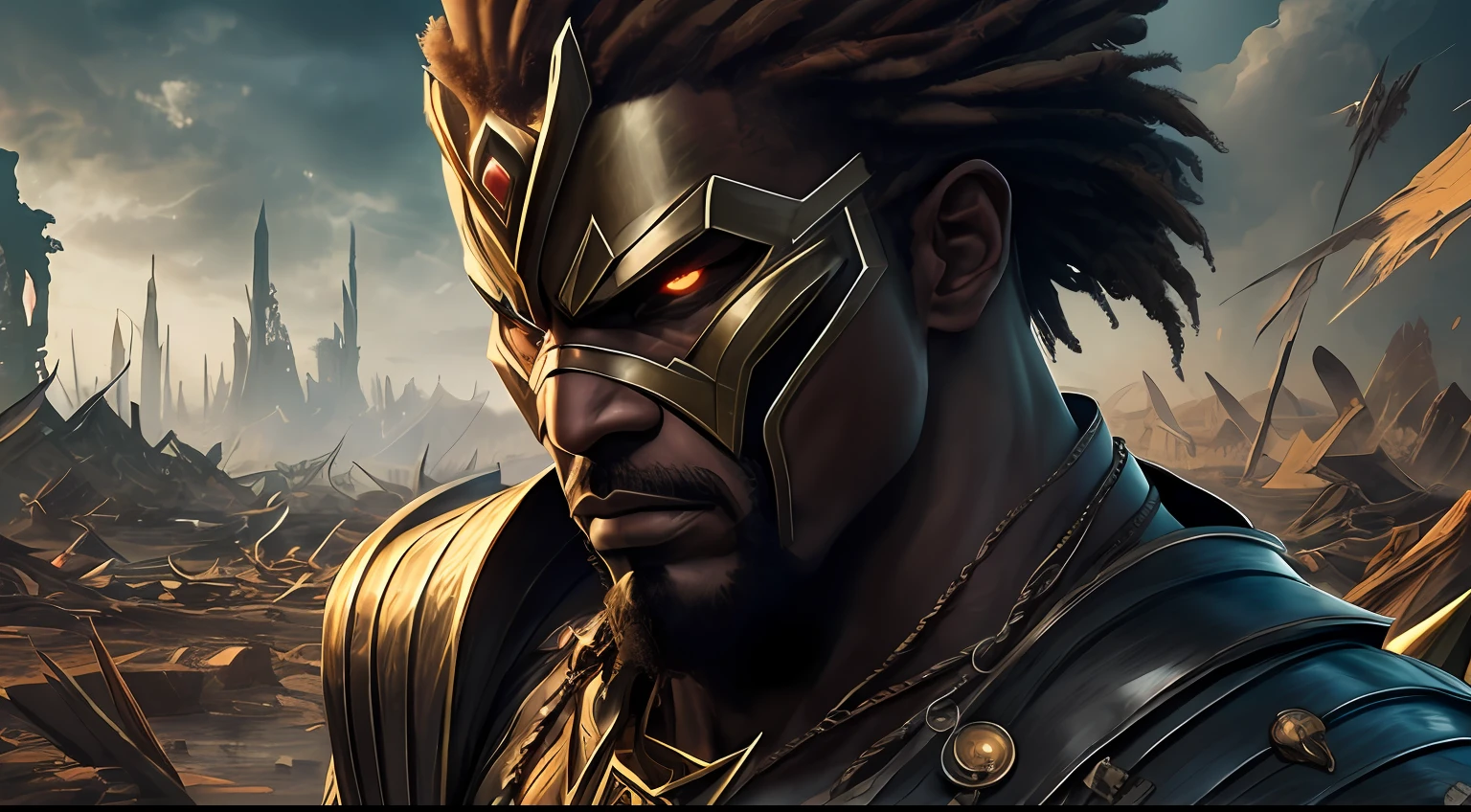 Create an image of a fearsome and ruthless super villain who embodies the evil force of AFRICA. He is depicted with an imposing and frightening appearance, with sharp facial features and piercing eyes. His costume is a mixture of cultural elements of the country and futuristic armor, representing his technological power. In his hands, Ele segura um artefato escuro que representa sua fonte de poder. The surrounding scenery is chaotic and destroyed, reflecting the devastation he wreaks in his path.