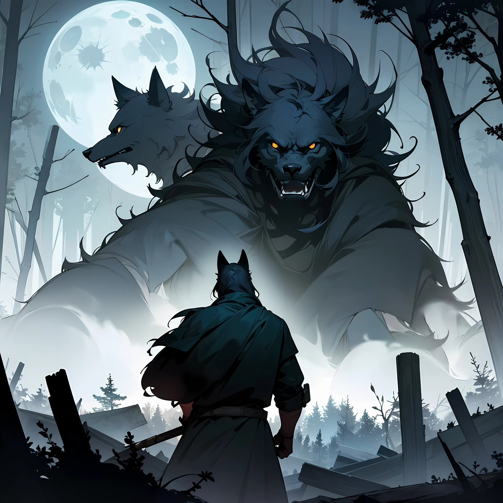 dark forest, d&D Style and The Lord of the Rings. epic scene. pack of black wolves. a ruined building in the center of the scene. clearing in the black woods. Night. At the moonlight. symmetrical composition, with depth in the image, epic scene --auto