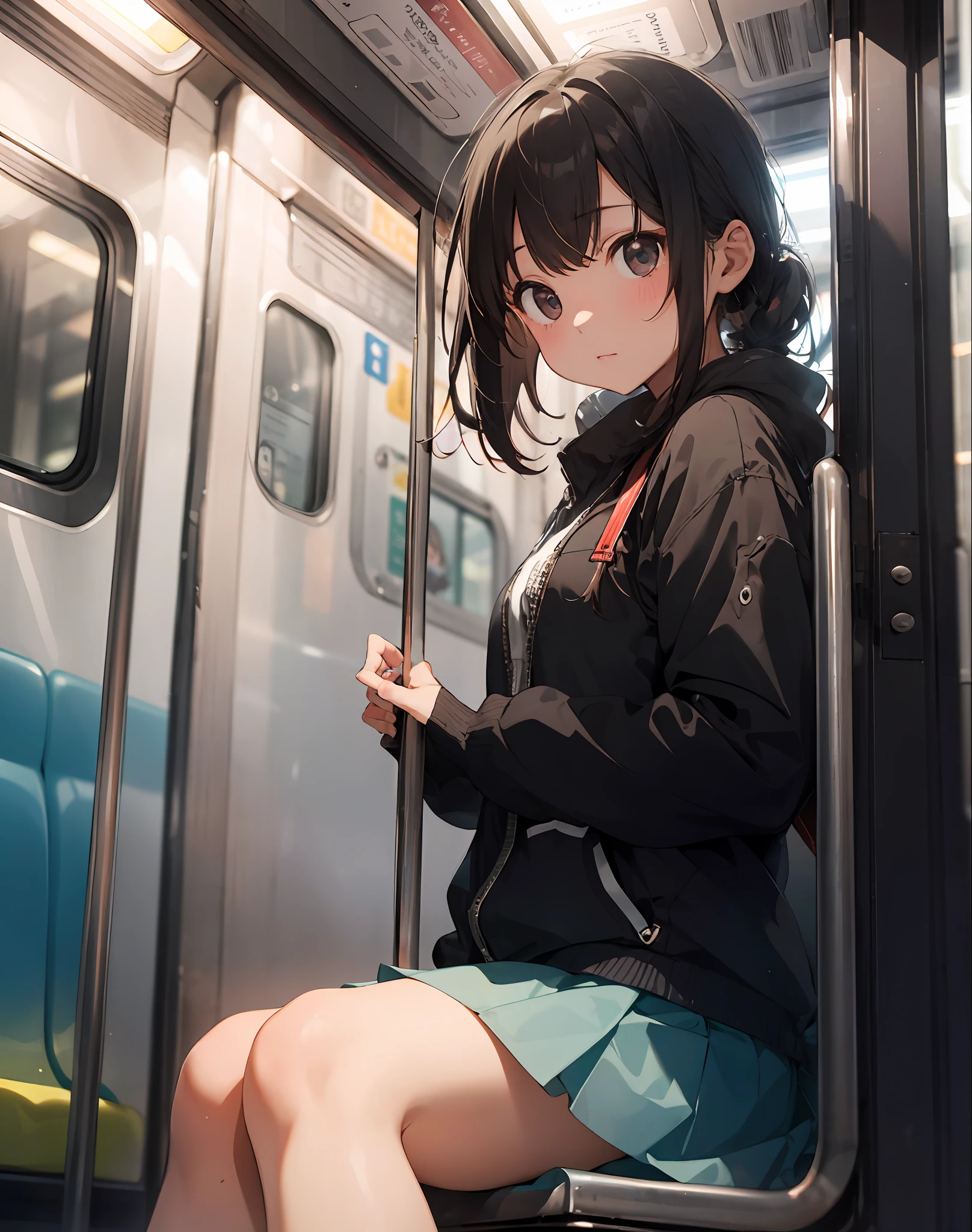 (masterpiece, best quality),1girl sitting on a subway train, looking to the side, subway car door, from below, solo focus