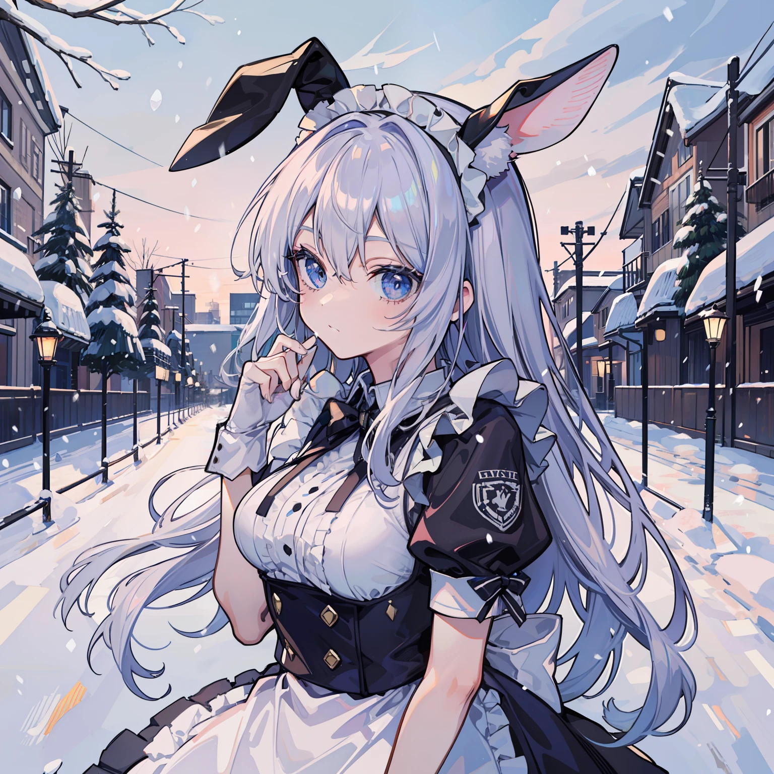 Rabbit-eared girl Short sleeve maid clothes The snow is amazing In the snow Snow background snow country