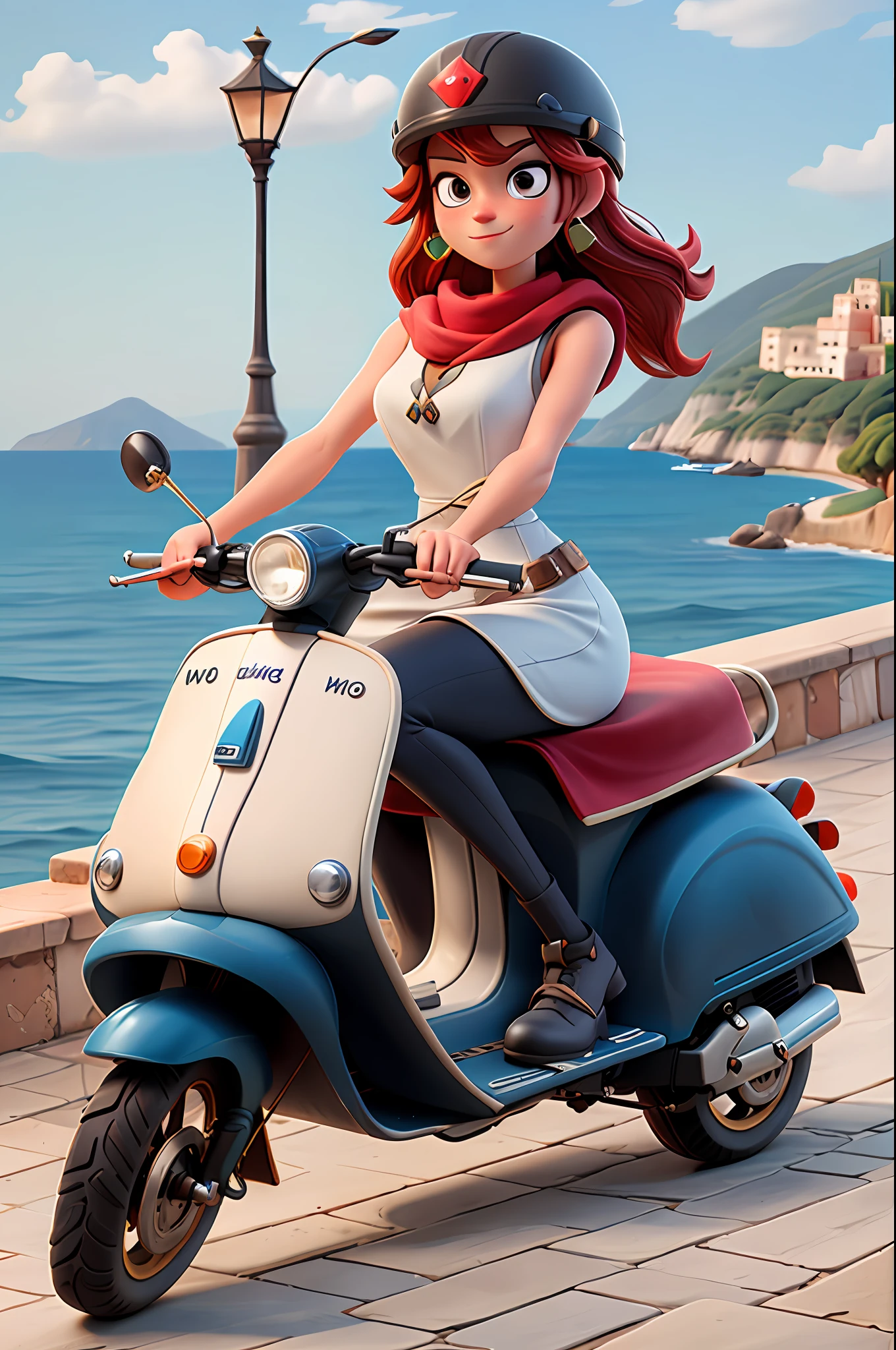 woman wearing a large sundress, black shoes,red scarf, and a helmet, sitting on a White ivory lambretta scooter, in a square in capri