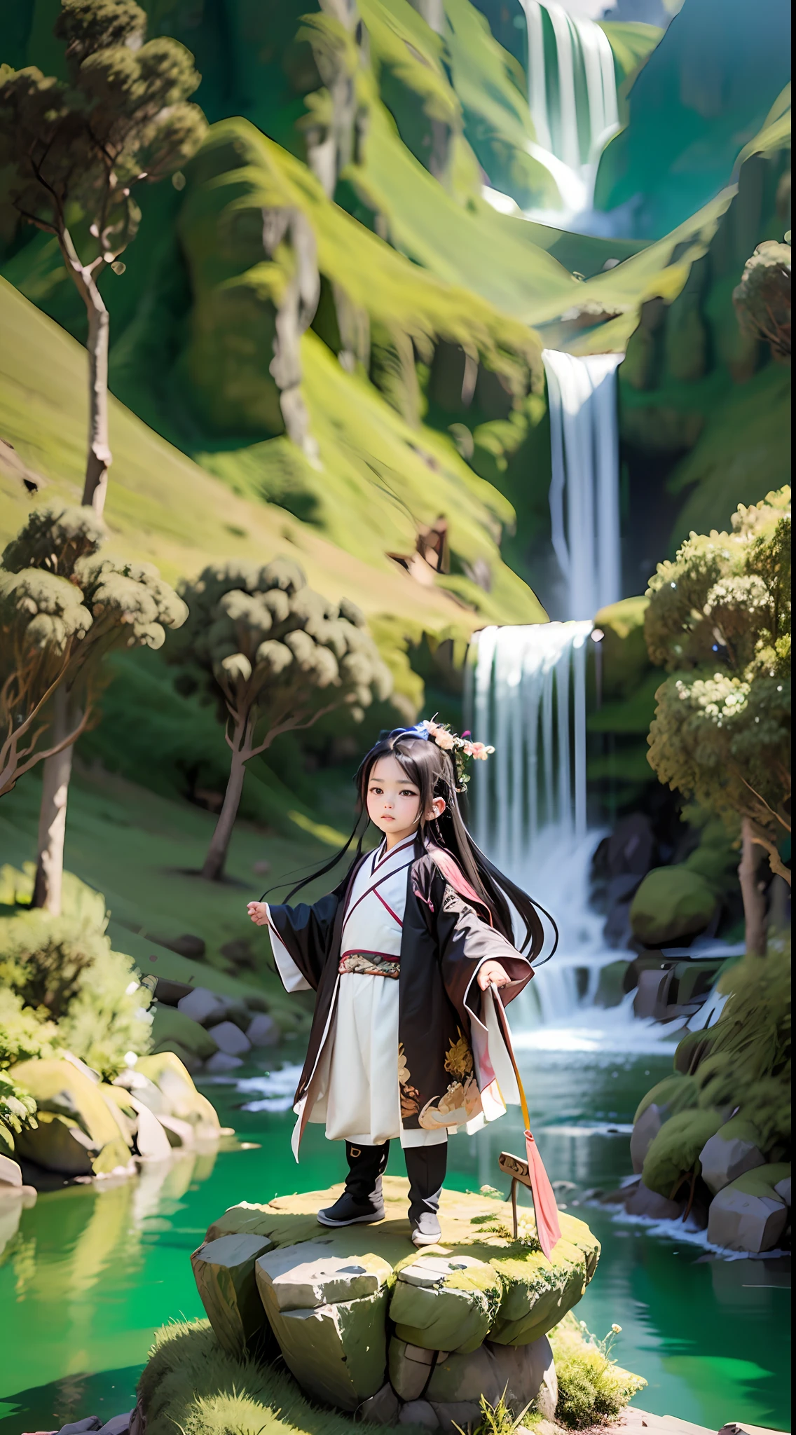 1男孩,Ancient Chinese 4--old ,with long black hair,chibi,Full body,Hanfu,White clothes fluttering,Cliffs and waterfalls in the background,