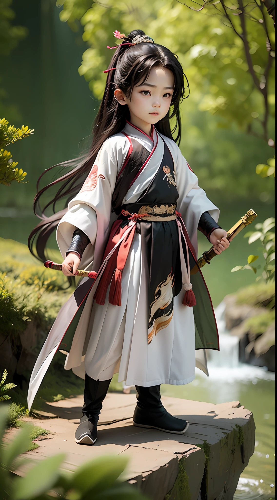 1男孩，Ancient Chinese 4-year-old boy，Sword dance，with long black hair，chibi，Full body，Hanfu，White clothes fluttering，Cliffs and waterfalls in the background，