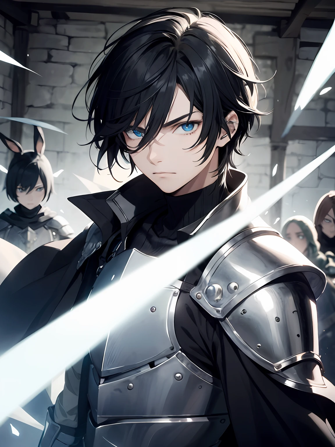 Illustrations、Cute Boy、Fantastical、Black hair blue eyes、Knight in Black、Tension before the start of the duel、ikemen、cloak、turtle neck、Inside the dungeon、piercing gaze、enmity、Combat readiness、armor、White rabbit、solo、solo、strong