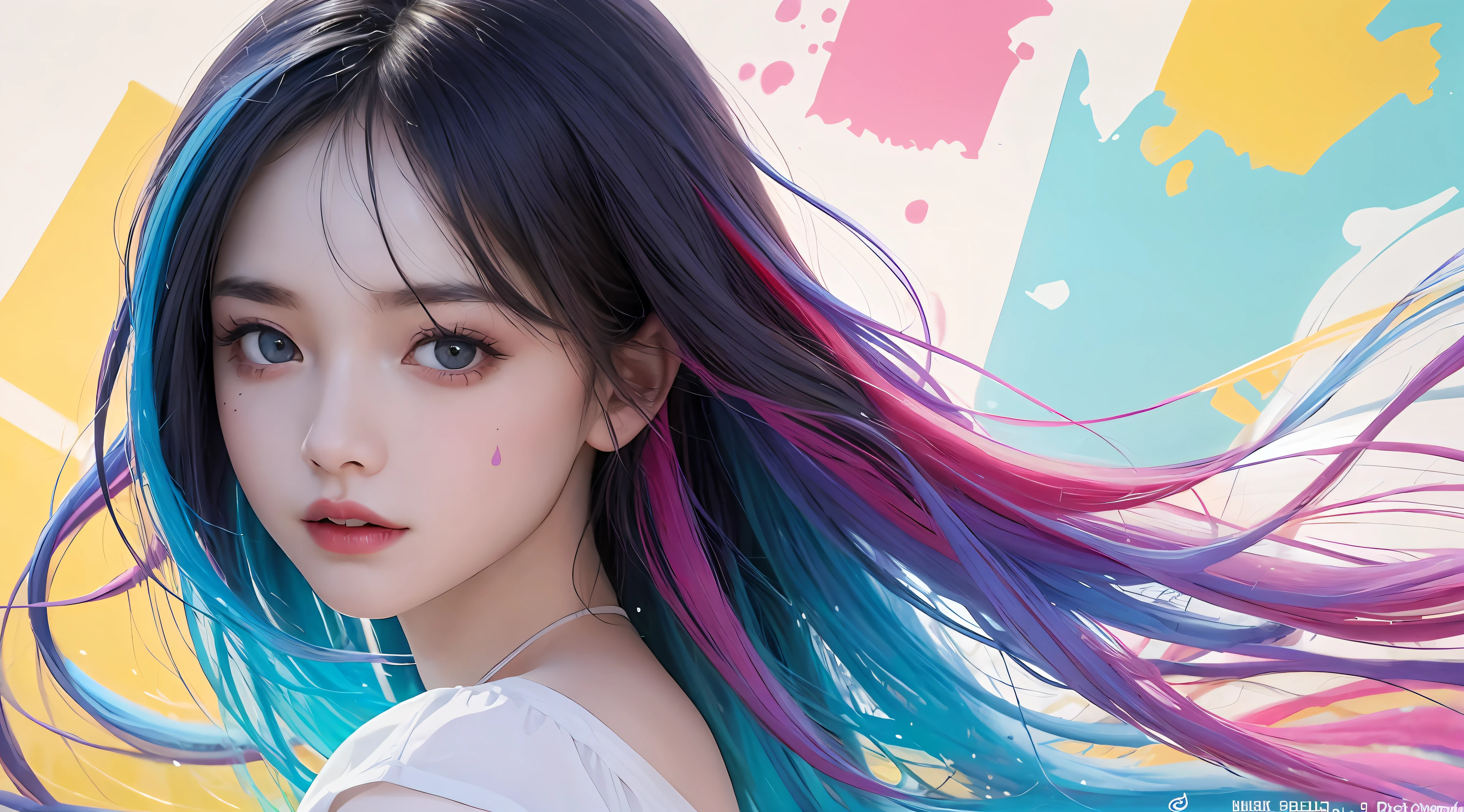 （Pink fashion T-shirt：1.9），（Colorful hair：1.8），（Rainbow all colors：1.8），（（（（Vertical painting：1.6)）），（painterly：1.6），front facing，manga,illustration,painterly,huge eyes,Crystal clear,（Rainbow gradient high ponytail：1.7）,Exquisite Makeup,Closed mouth,(Small freshness:1.5),(Bandeau:1.6),Long eyelashes,White shoulder T- shirt, White Shoulder Shirt，looking at viewers，Big watery eyes，(iridescent hair：1.6), Color splash, （solo：1.8）, Color splash, color explosion, colour splash, color explosion, Thick lacquer style，Messy lines，((shiny)) ，(Colorful), (Colorful), (Colorful), Colorful, Thick Paint Style, (splashing) (Color splash), Vertical painting, Upper body, Paint Splash, Acrylic Pigment, Gradient, paint, Highest image quality, Highest image quality, Masterpiece, solo, Depth of field, face paint, Colorful clothes, (elegence: 1.2), flowery, long long hair, windy, (elegence: 1.3), (petals: 1.4)，(((Masterpiece))),(((the best quality t))),((hyper detailed)),(illustartion),(dynamicangle),((floating)),(paint),((Loose hair)),(solo),(1girls) , (( (Detailed anima face))),((Beautiful detailed face)),collars,naked shoulders,hakuhatsu,((Colored hair)),((streaked hair)),Beautiful detailed eyes,(Gradient eyes),(( （Colored eyes））），（（（Colored background））），（（（High saturation））），（（（Surrounded by colorful splashes））），(((Medium view)))，((Upper Bust))