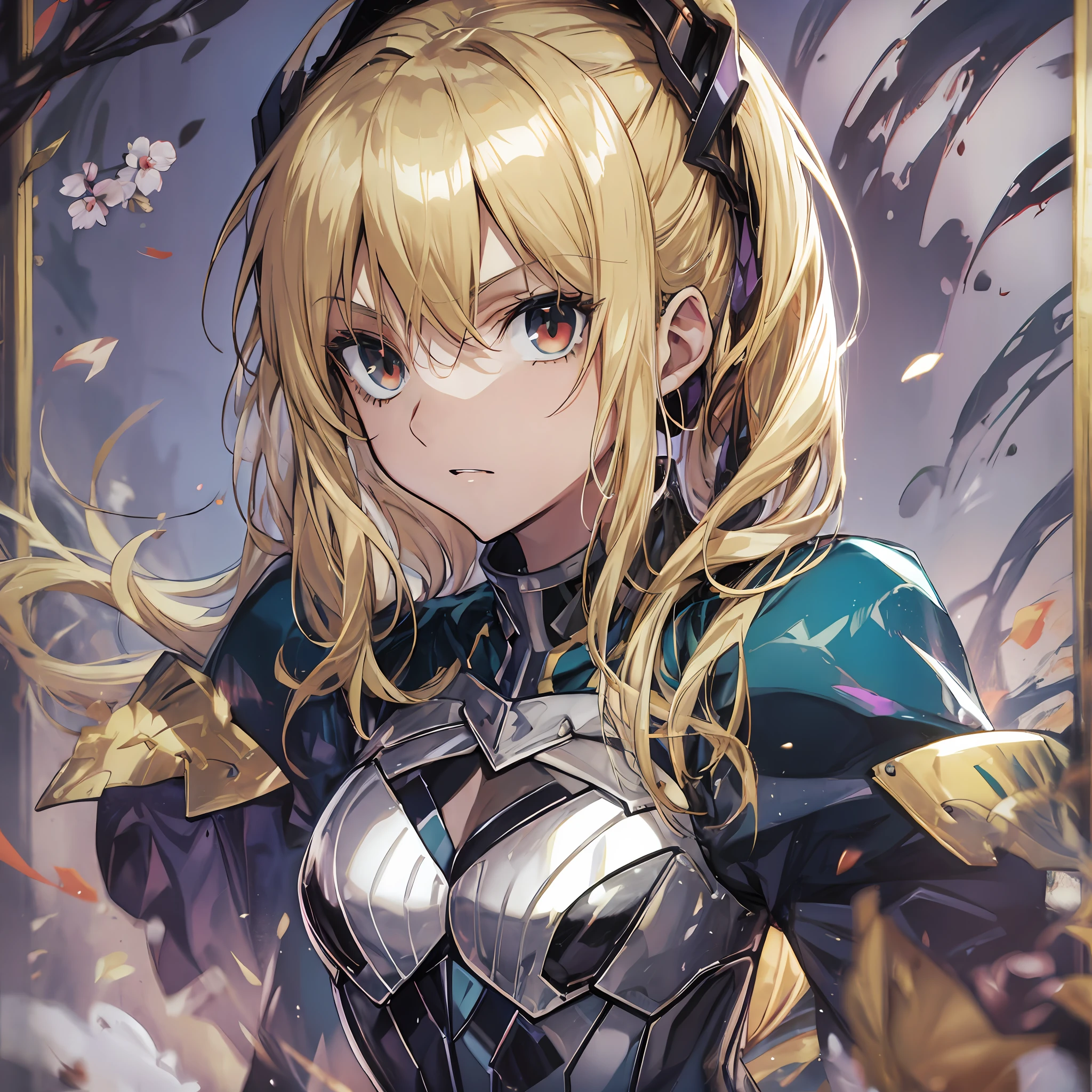 ((maximum quality、8K、))1 female、Anime girl with blonde hair and red eyes、Anime girl named Lucy、Portrait of a female anime hero、female anime character、portrait knights of zodiac girl、Altria Pendragon、Hajime Yatate、Symphogear、Giorno Giovanna、Cornelia from Code Geass、War Maiden Suvia、Luxurious armor、Abs beauty